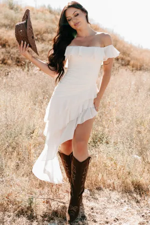 Perfectly Peachy Off The Shoulder Mini Dress (Ivory) Show Skin