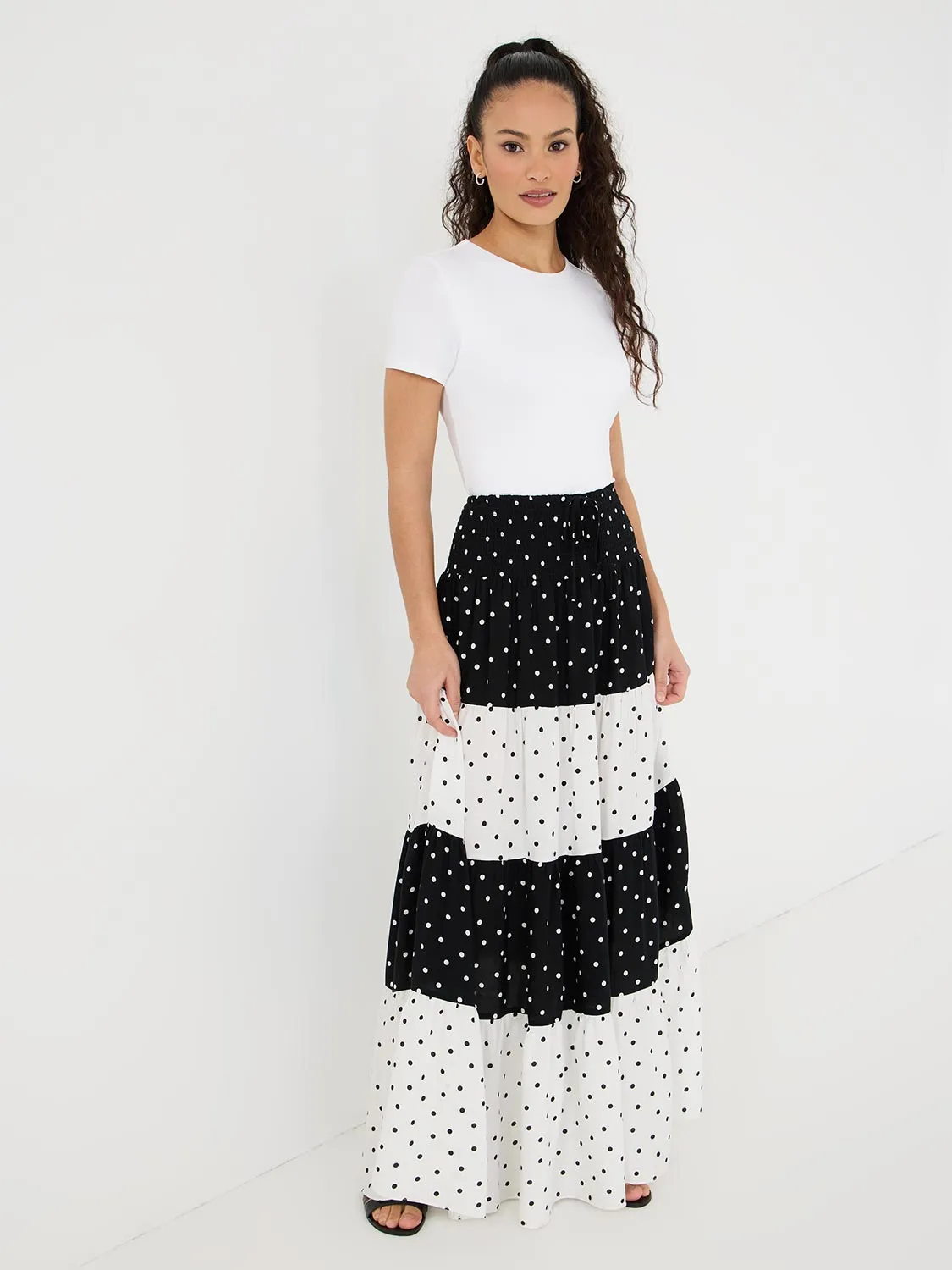 Dot Print Tiered Maxi Skirt Scalloped Edge