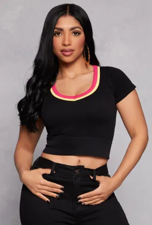 Seamless Ribbed Contrast V Neck Crop Top Essential Casual