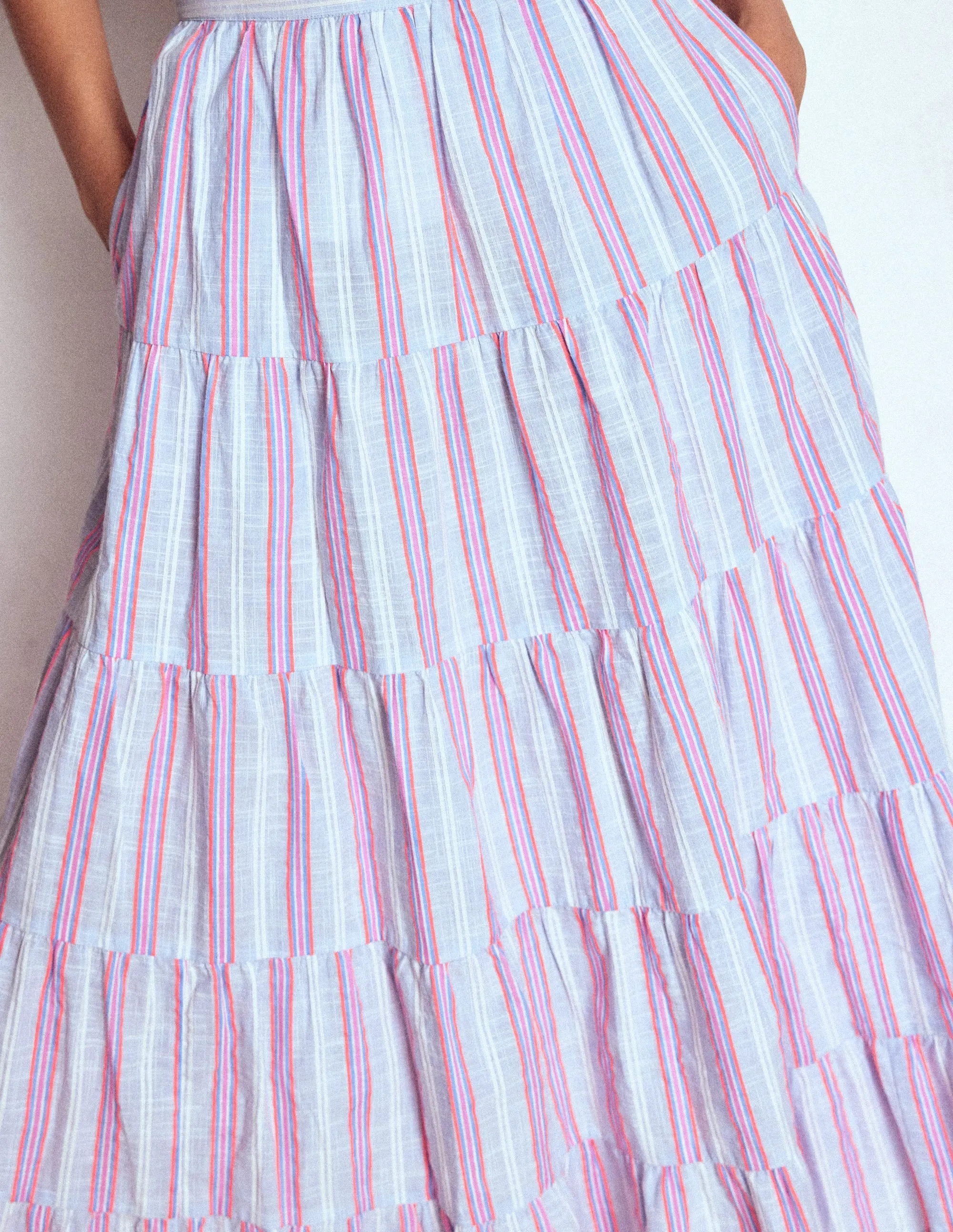 Modern Chic Classic Choice Tiered Poplin Midi Skirt-Metallic Stripe