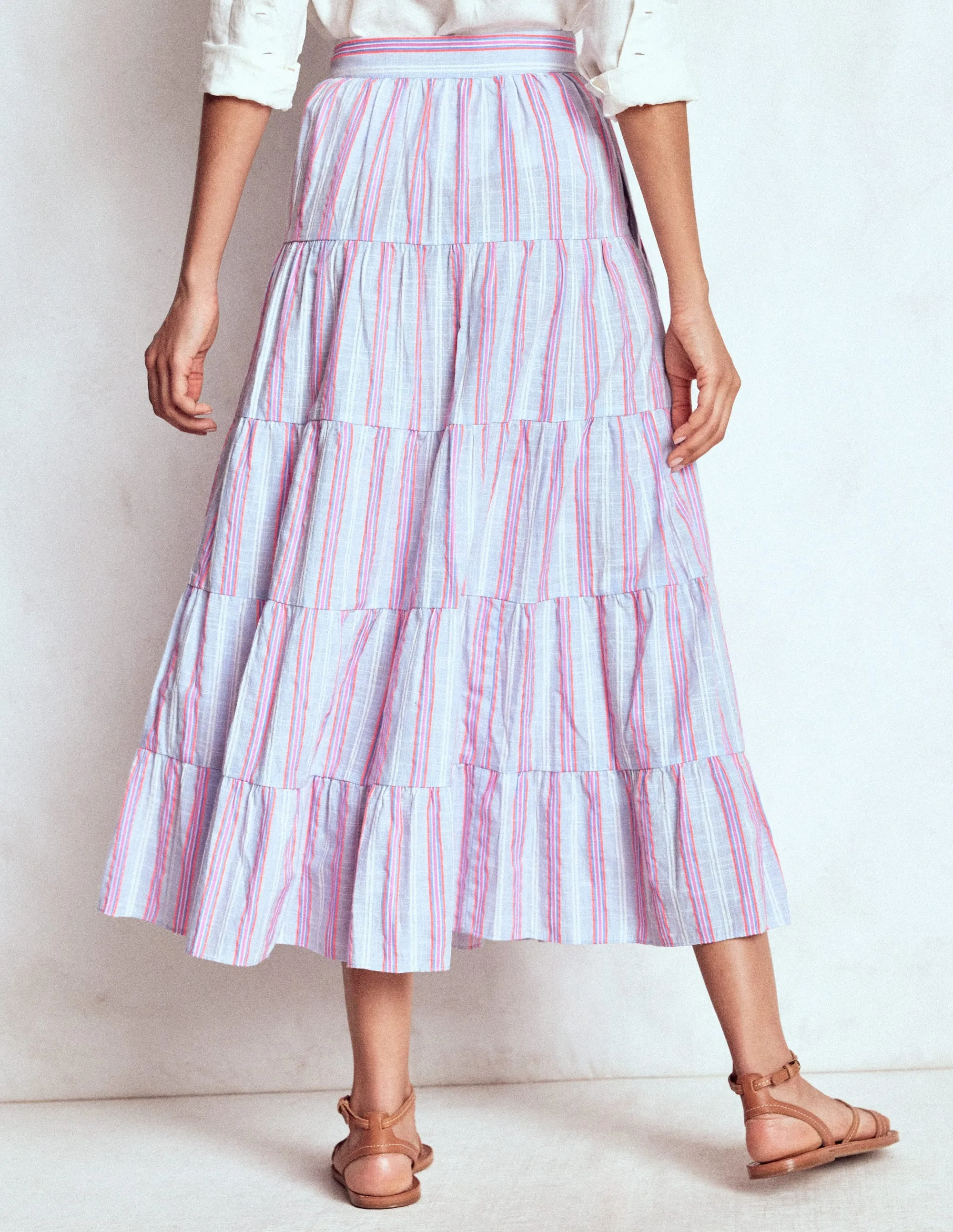 Aesthetic Look Abstract Motif Tiered Poplin Midi Skirt-Metallic Stripe