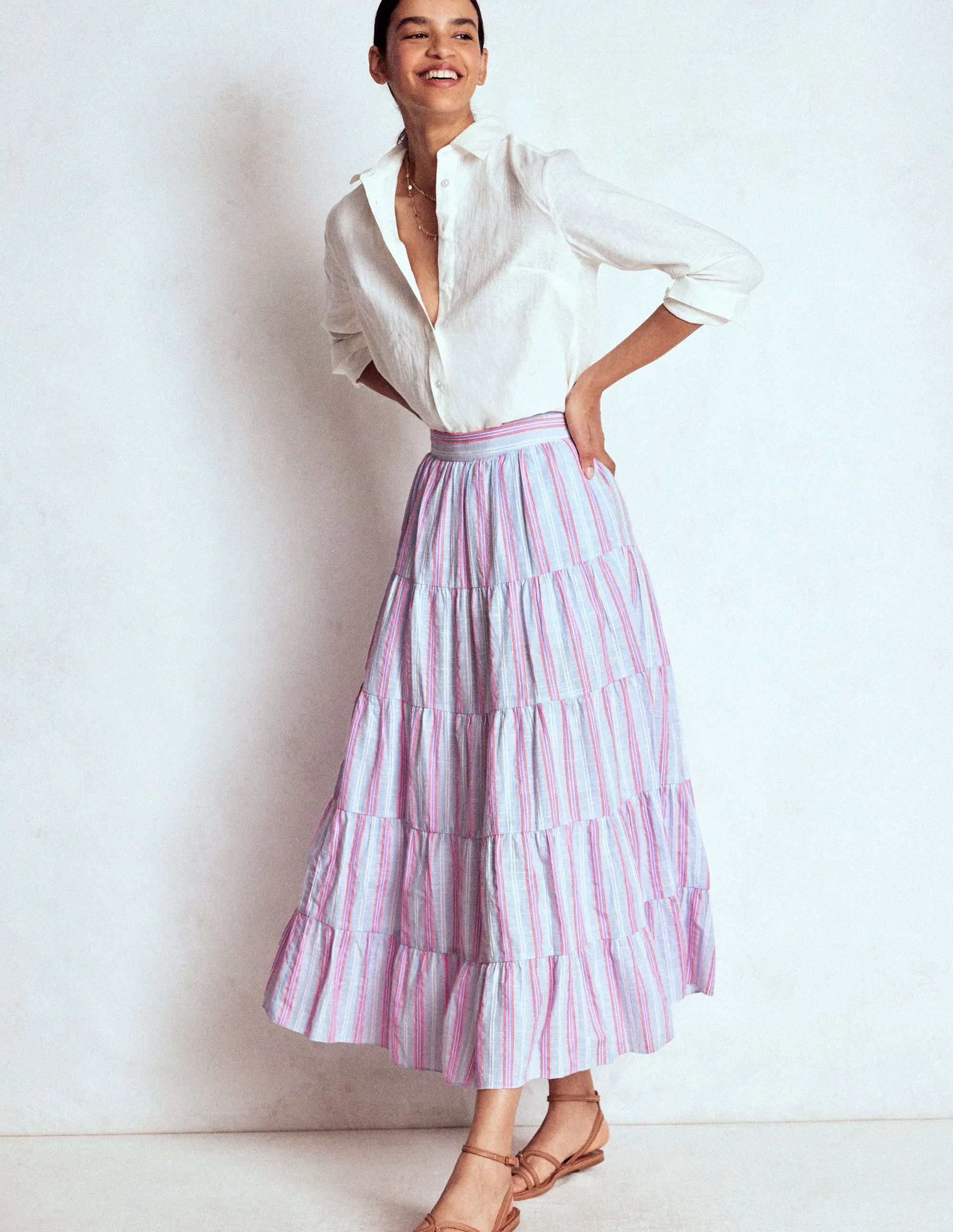 Tiered Poplin Midi Skirt-Metallic Stripe Laser Cut Edges