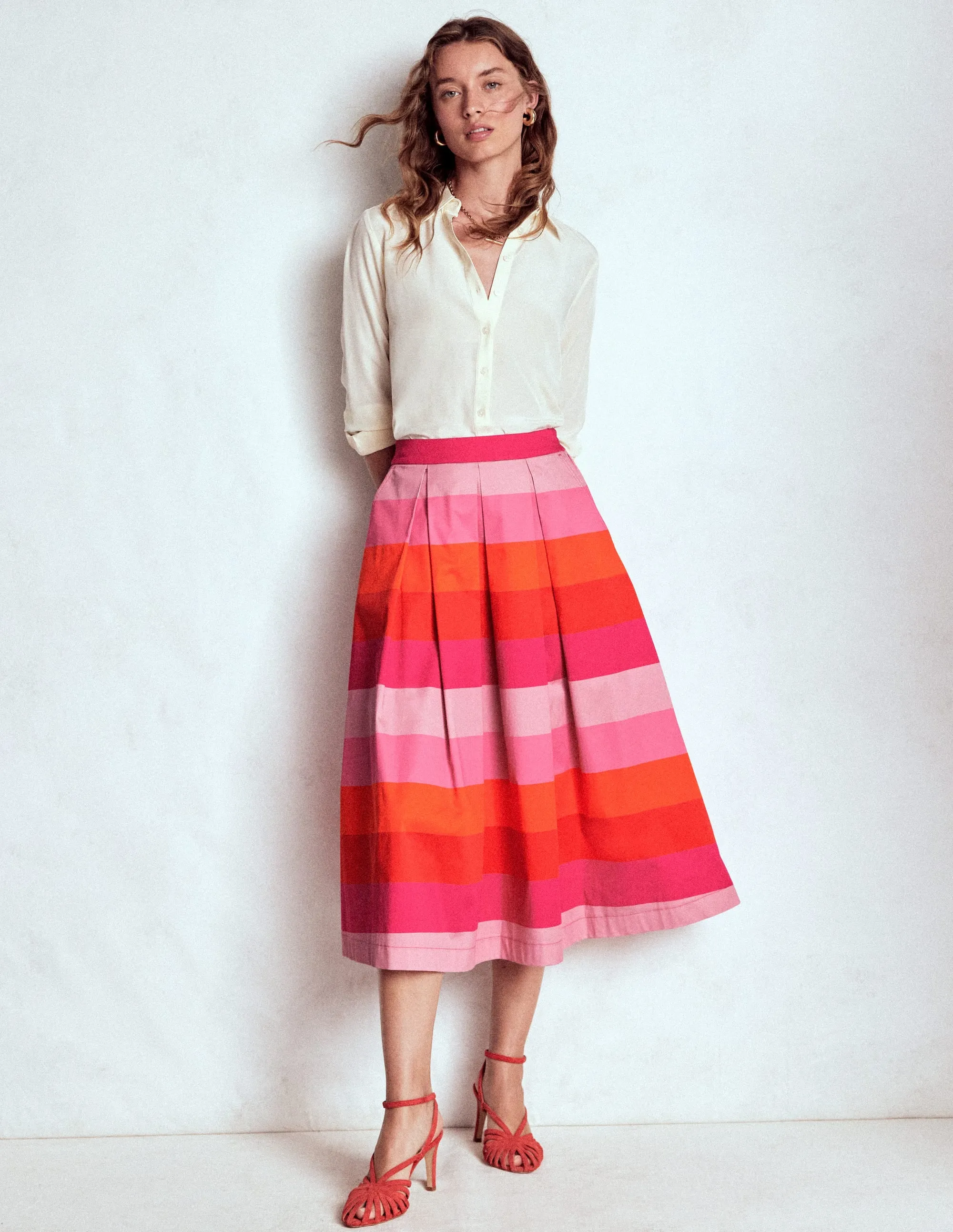 Verity Cotton Midi Skirt-Pink Tonal Multistripe Fresh Mood Neutral Tones