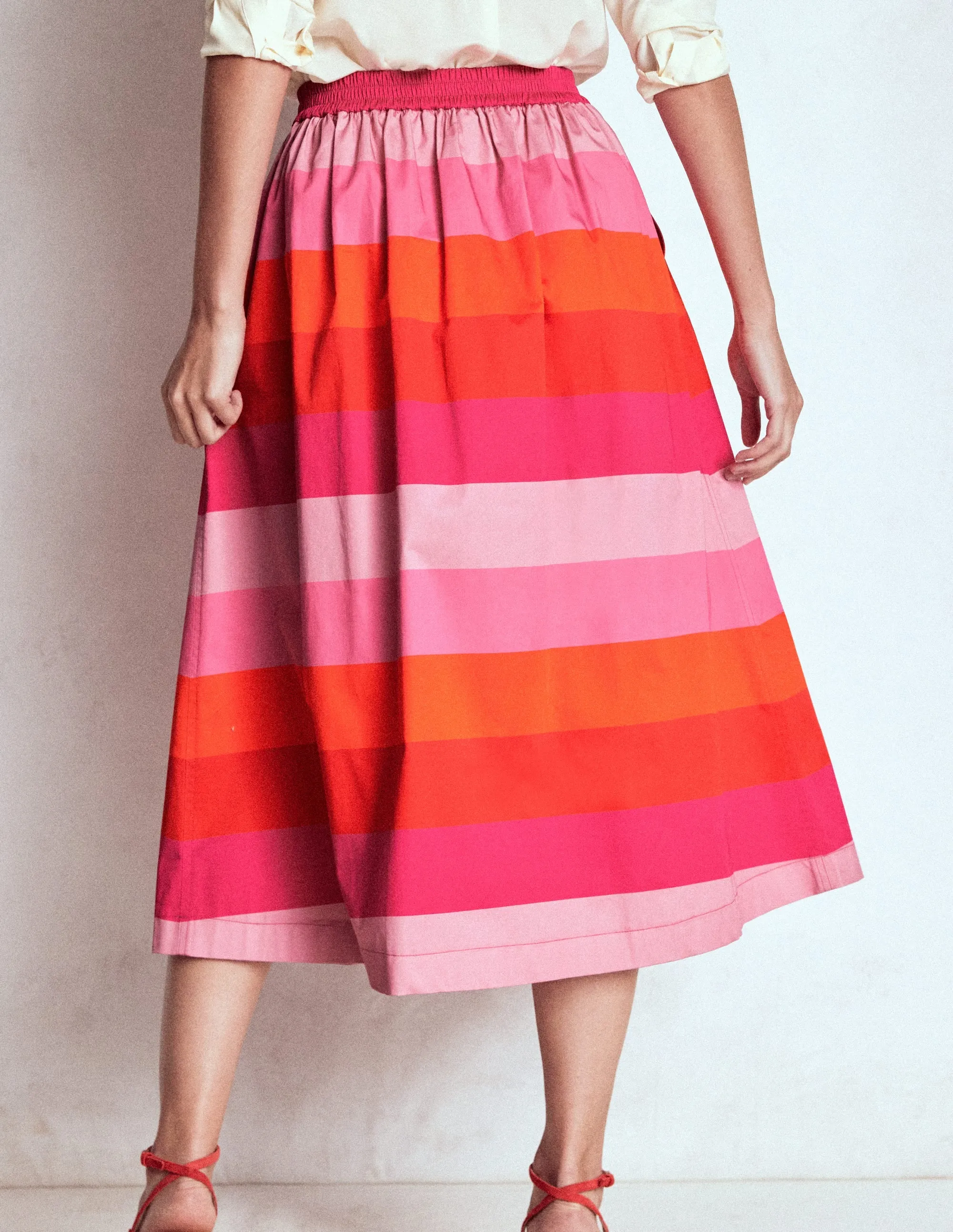 Soft Styling Airy Feel Verity Cotton Midi Skirt-Pink Tonal Multistripe