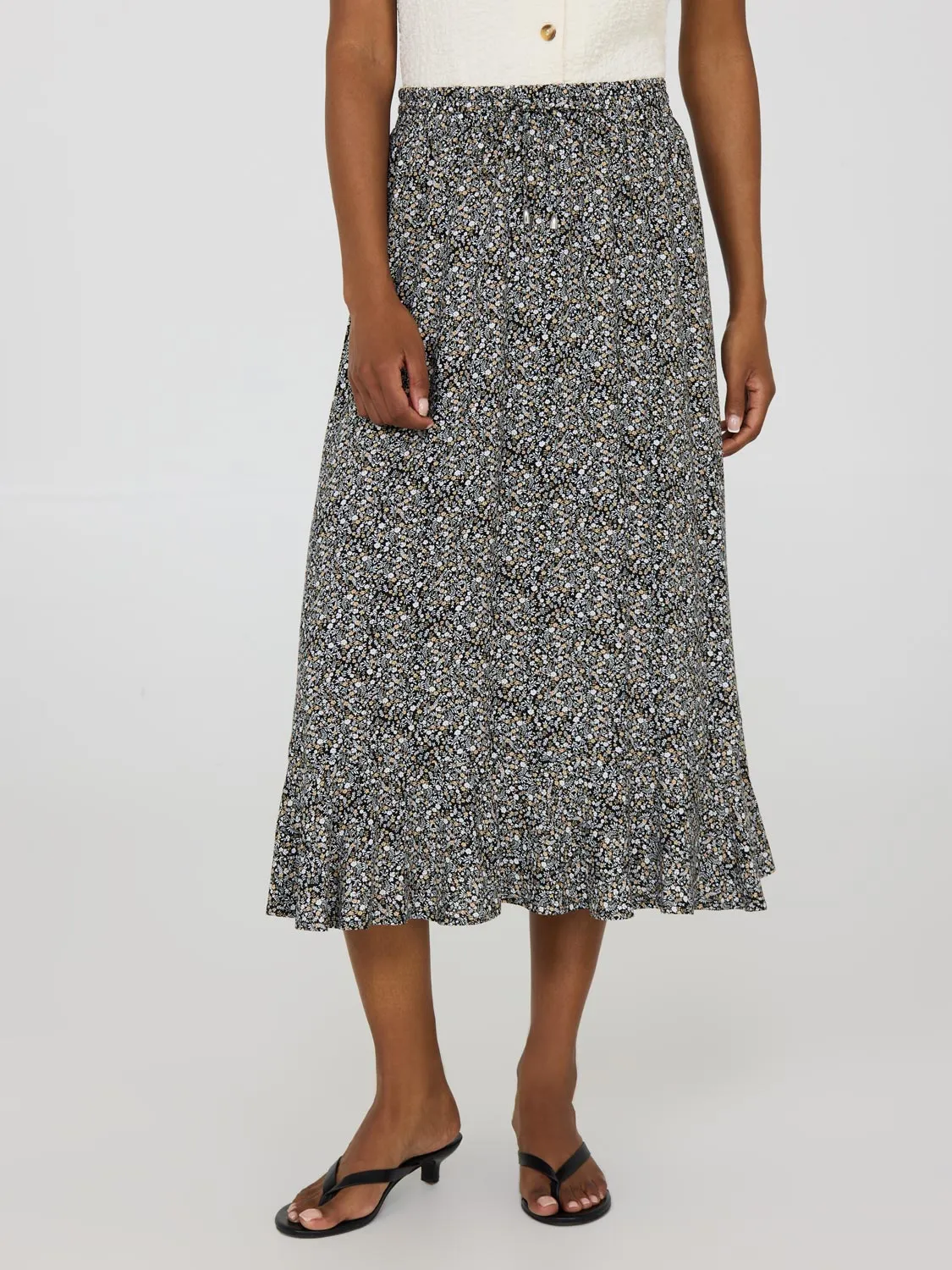 Laser Cut Edges Simple Layer Floral Print Flounce Midi Skirt