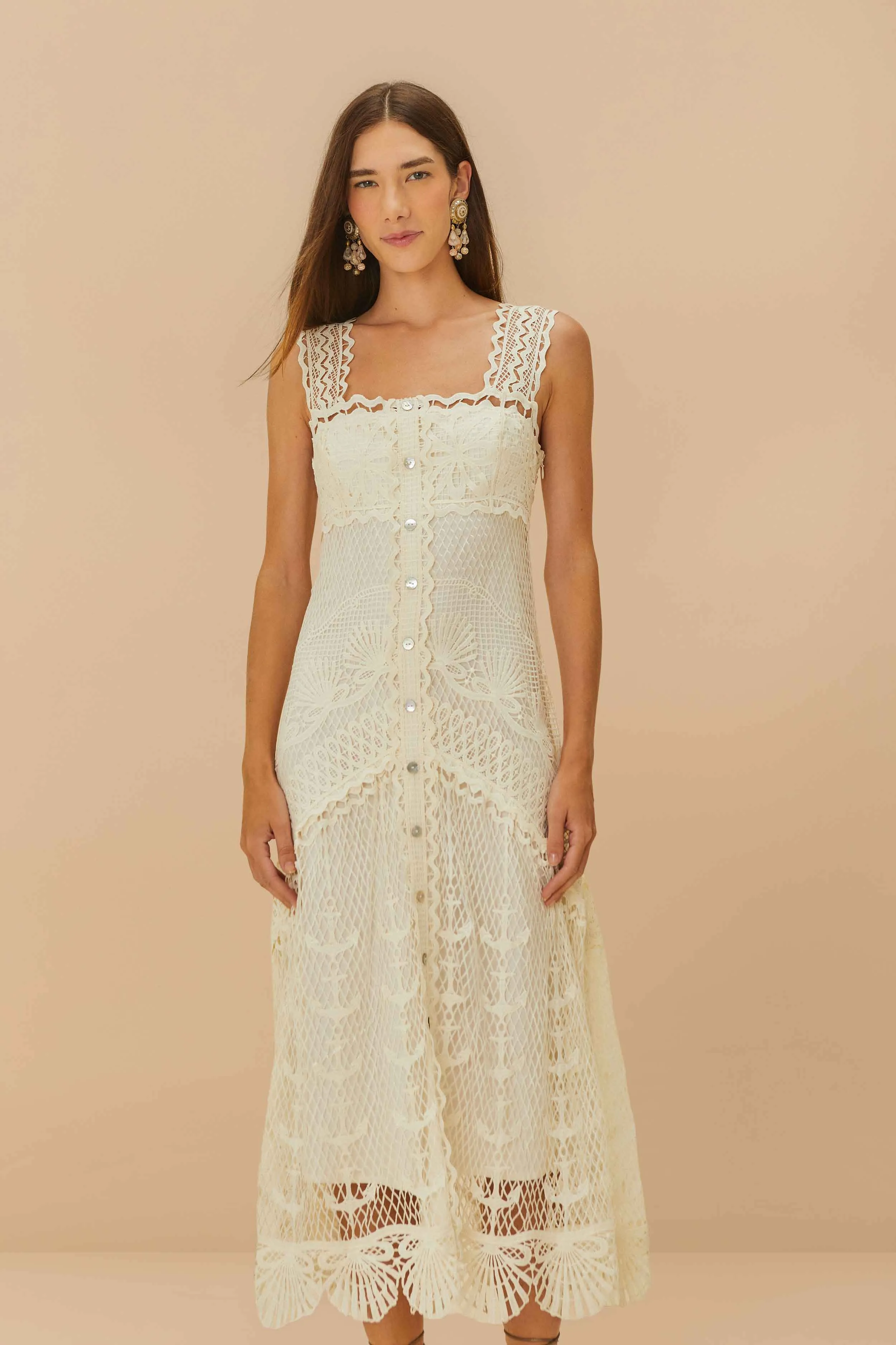 Lavender Glow Off-White Nautical Guipure Maxi Dress