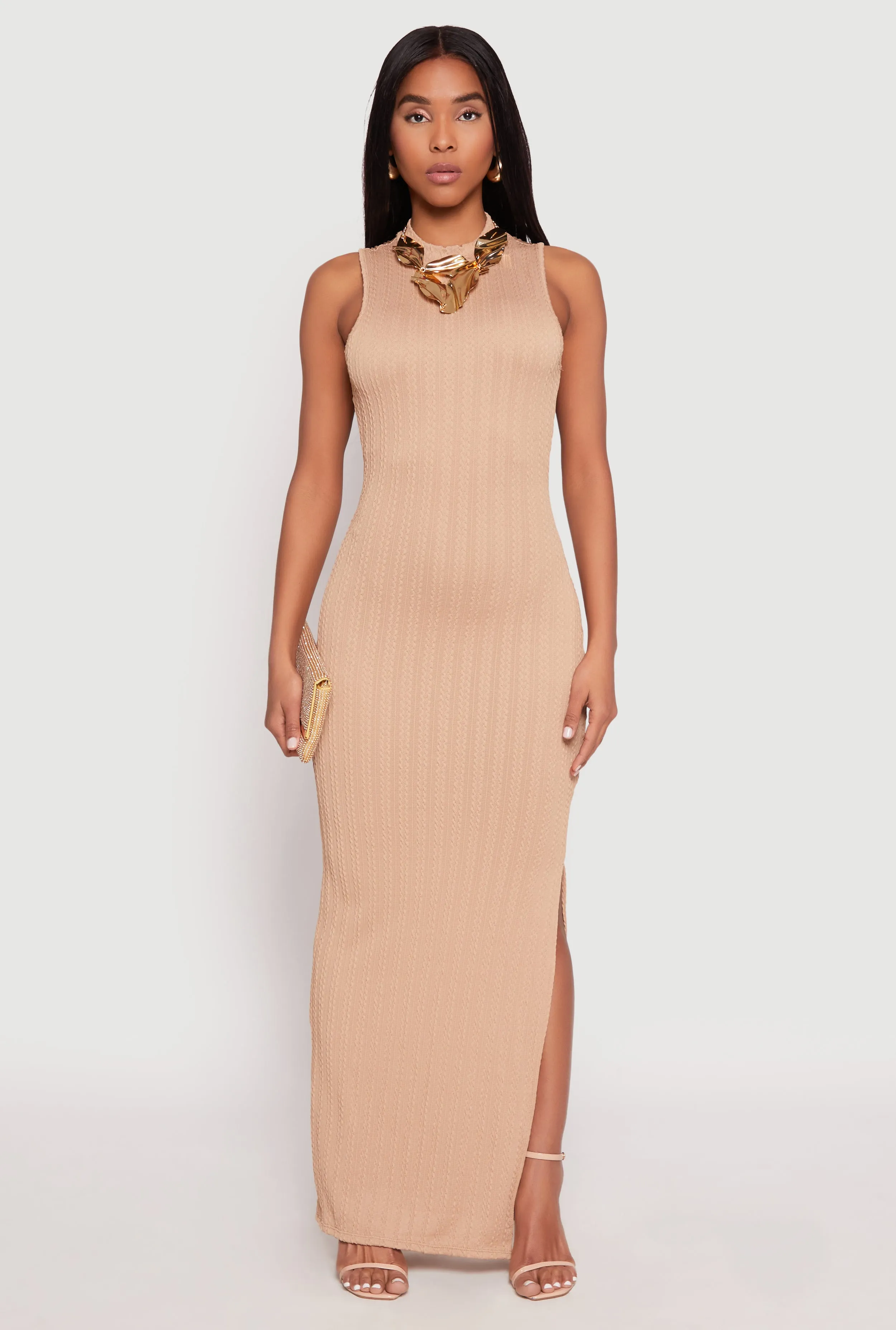 Textured Knit Turtleneck Maxi Dress Emerald Pop Metal Shine