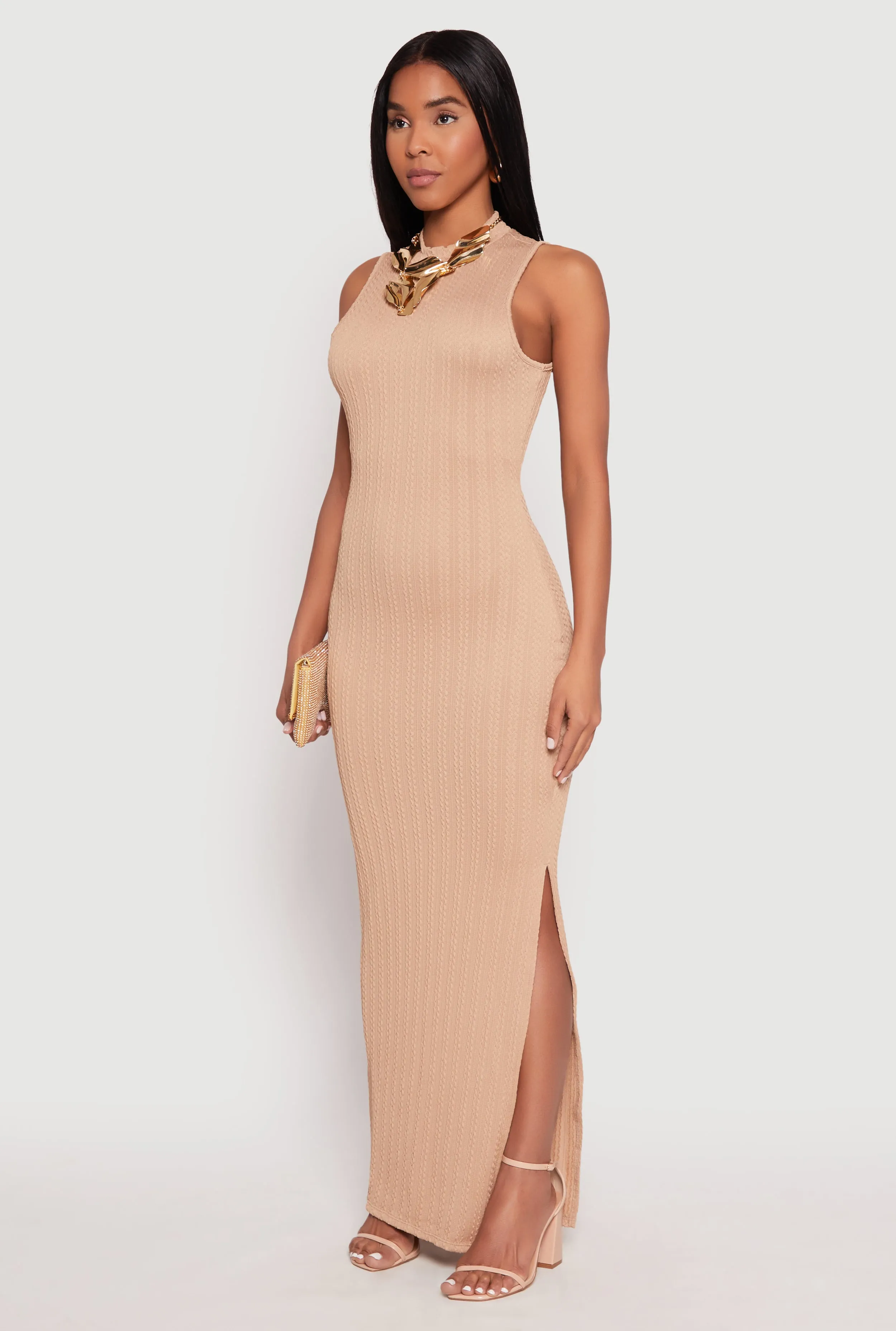 Textured Knit Turtleneck Maxi Dress Elegant high-waist gown
