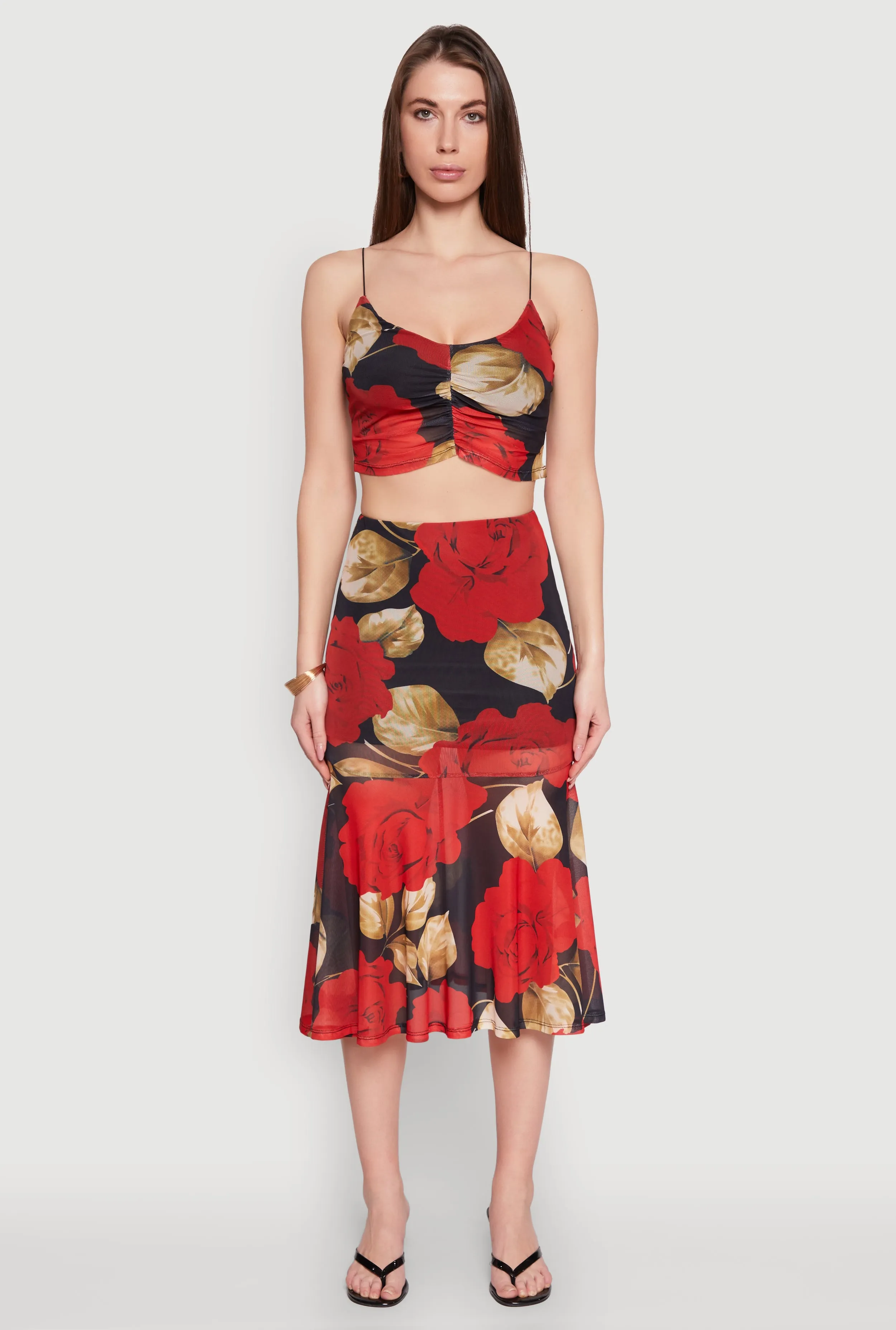 Mesh Rose Print Ruffled Hem Skirt Layered Style