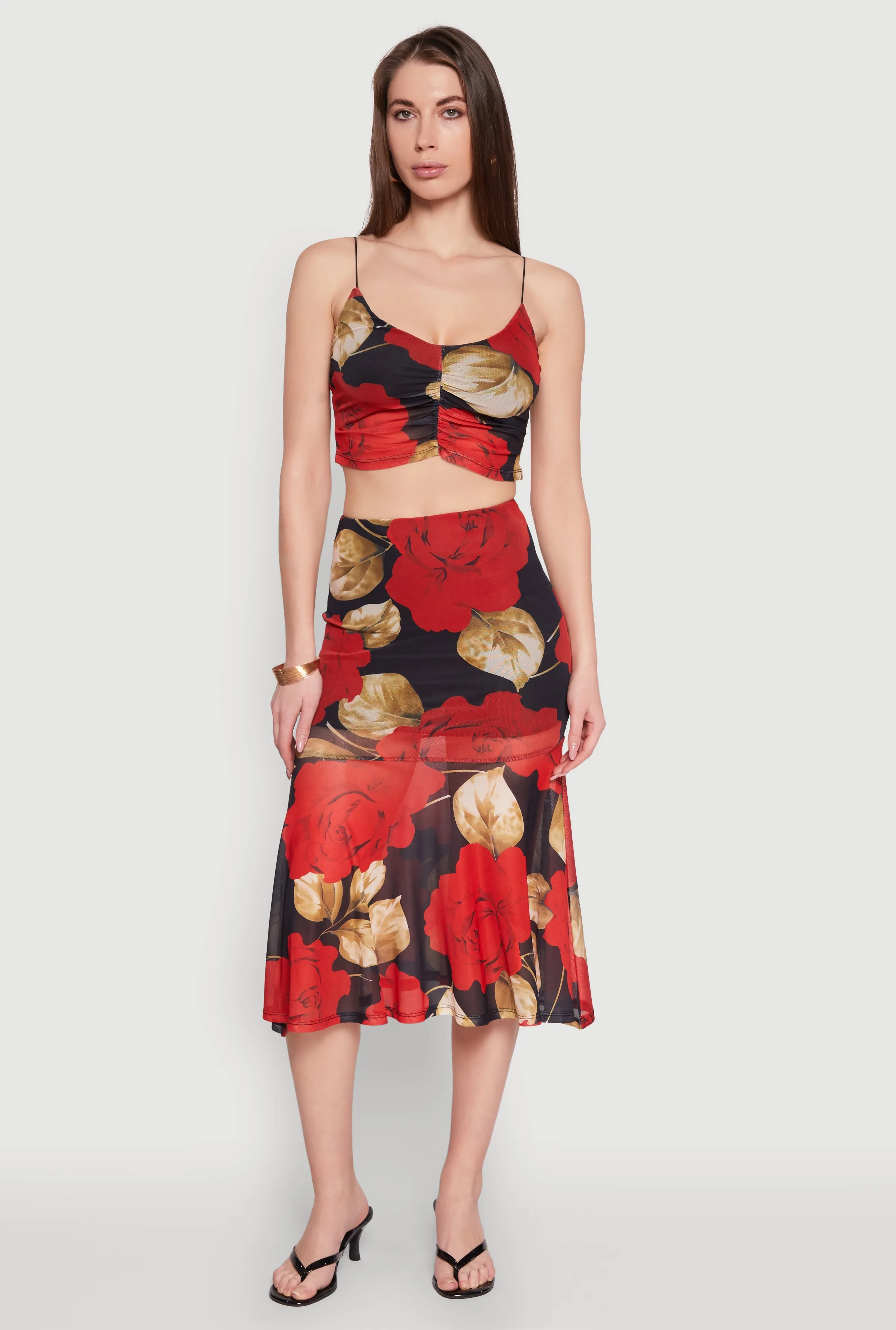 Comfort Fit Mesh Rose Print Ruffled Hem Skirt