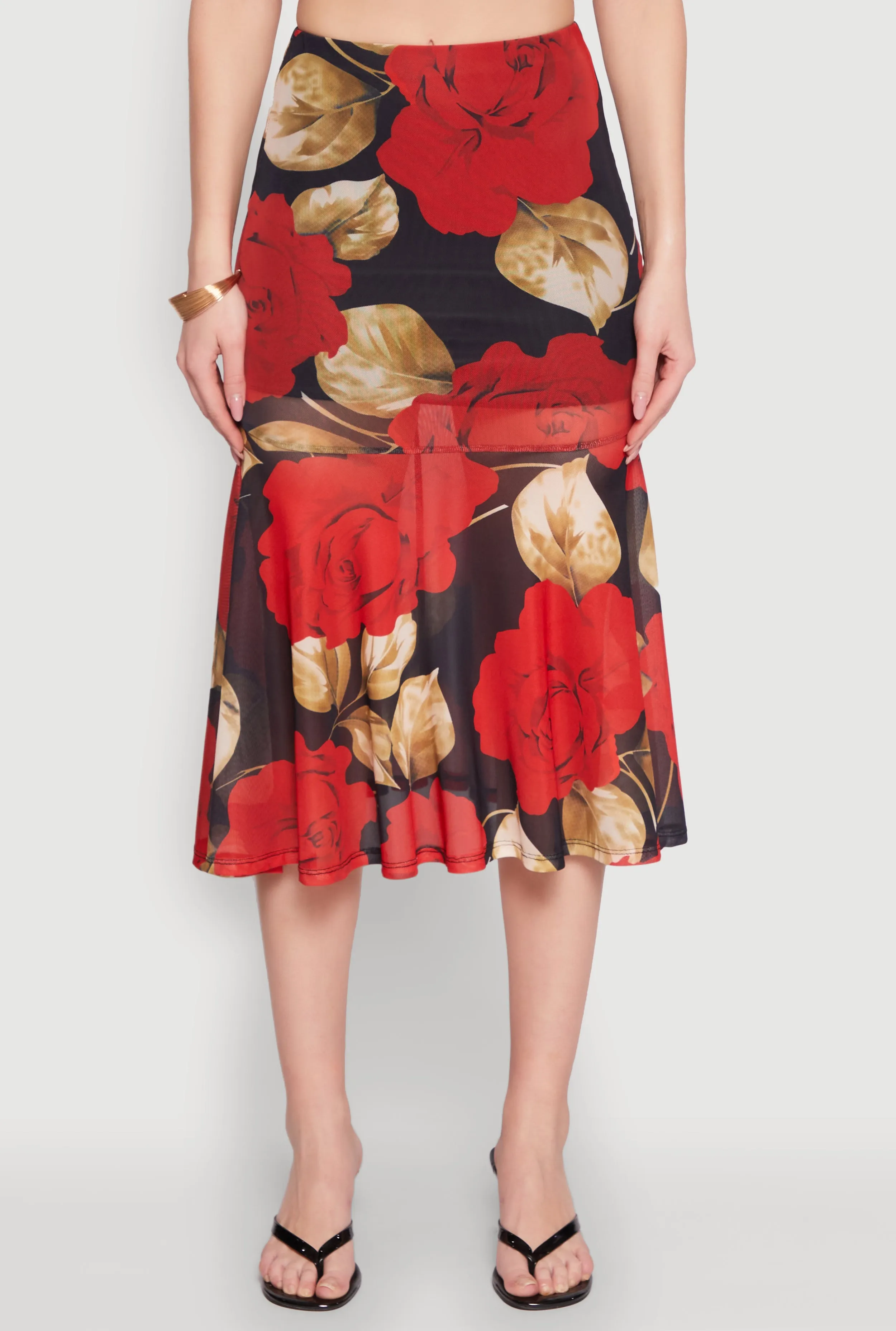 Mesh Rose Print Ruffled Hem Skirt Chill Look
