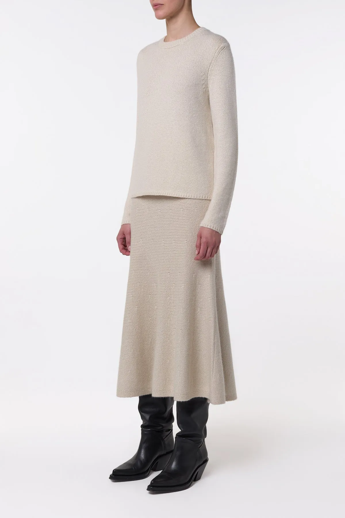 Sheer Overlay Titan Knit Midi Skirt in Ivory Cashmere