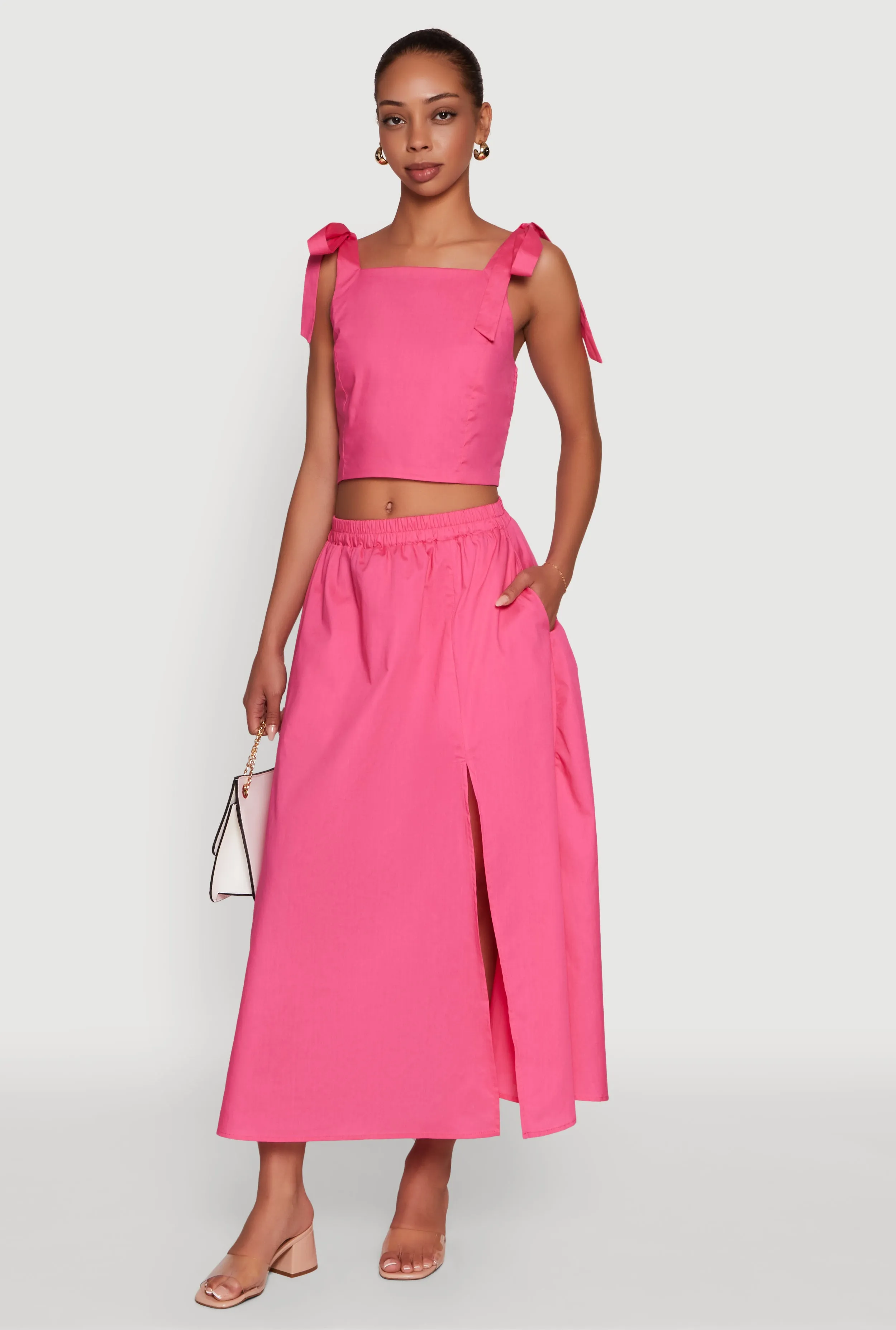 Trendy Poplin High Waisted Side Slit Midi Skirt Drawstring closure Neutral Tones