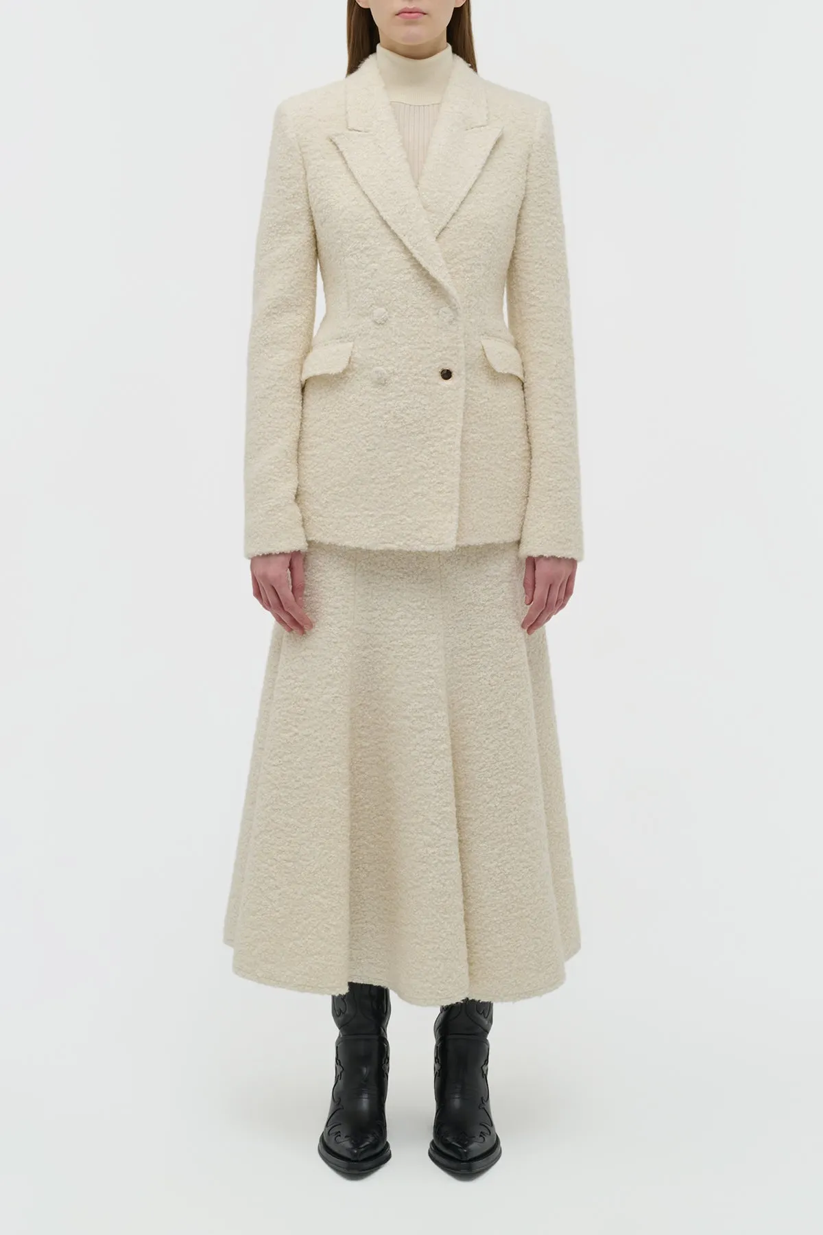 Amy Midi Skirt in Ivory Recycled Cashmere Boucle Adjustable Fastenings Tagless Design