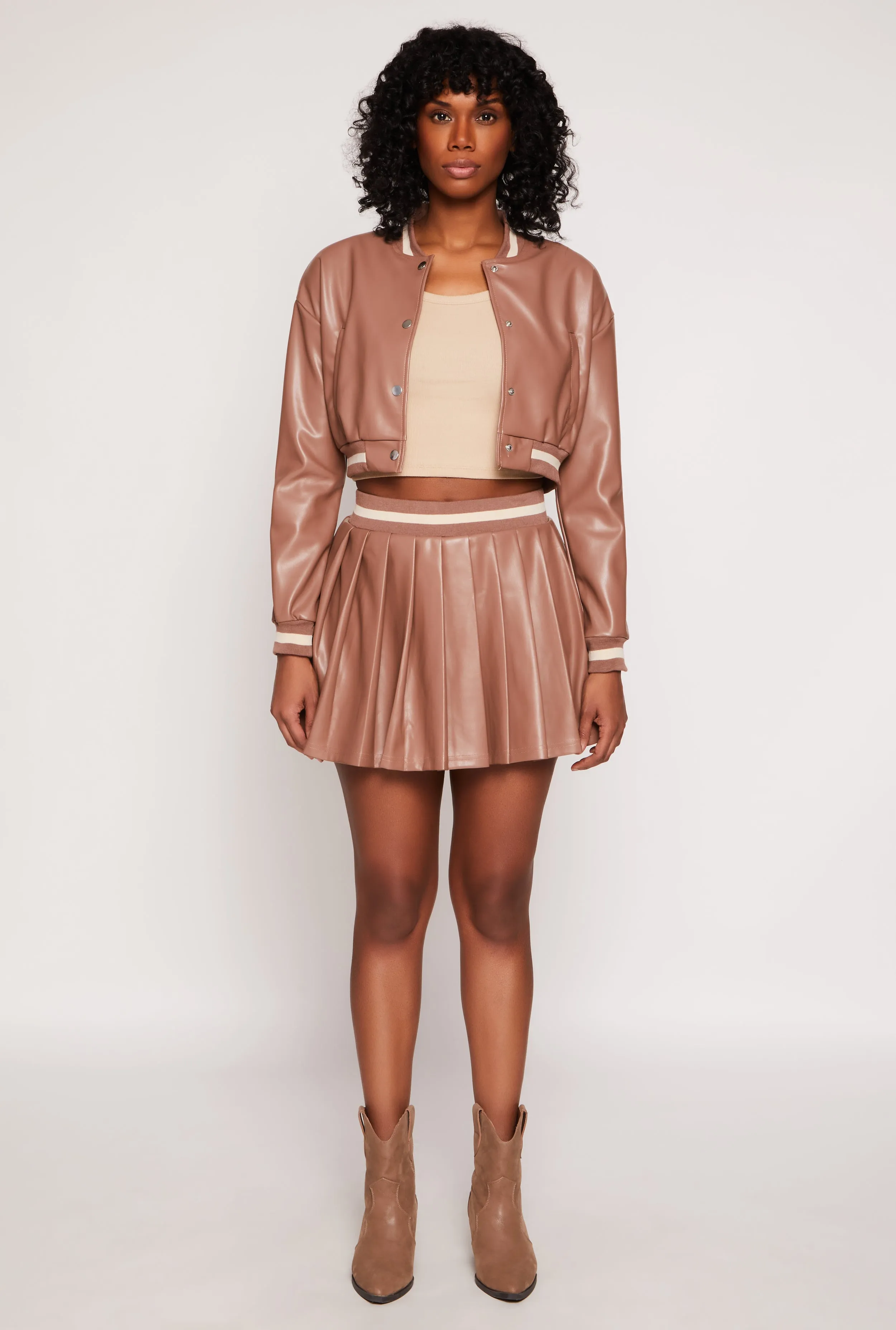 Faux Leather Varsity Stripe Pleated Skort Mix Texture raw hem