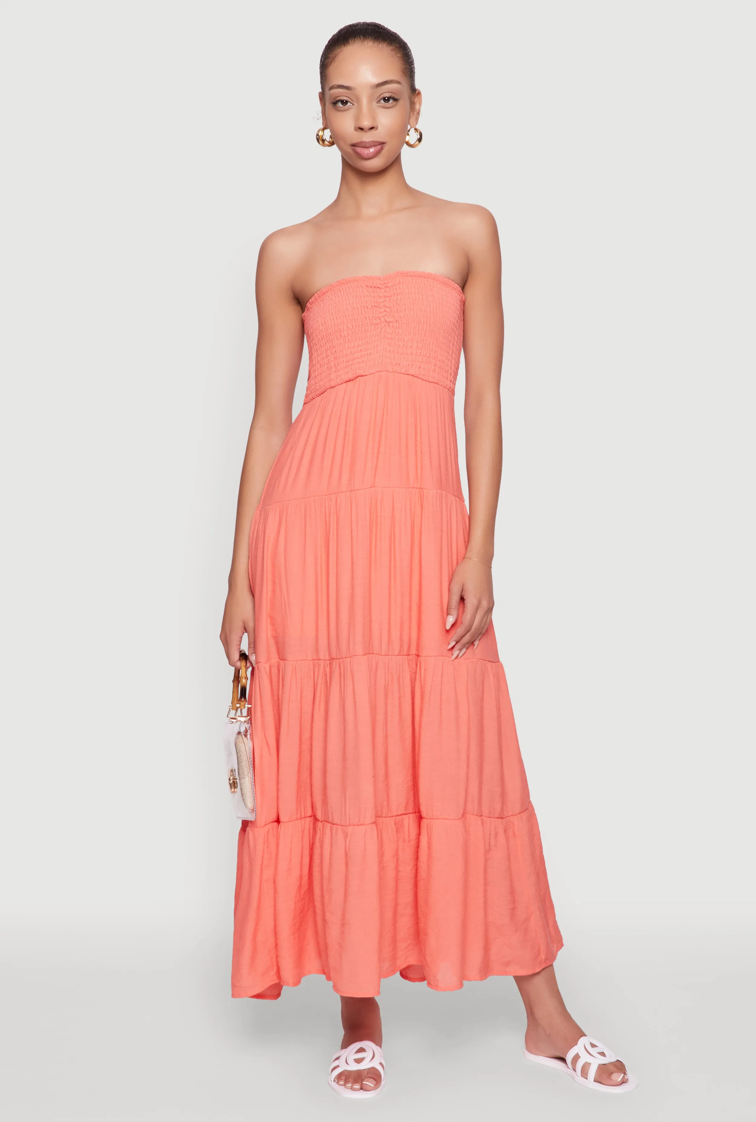 Shimmer Light Elegant Strapless Smocked Tiered Dress