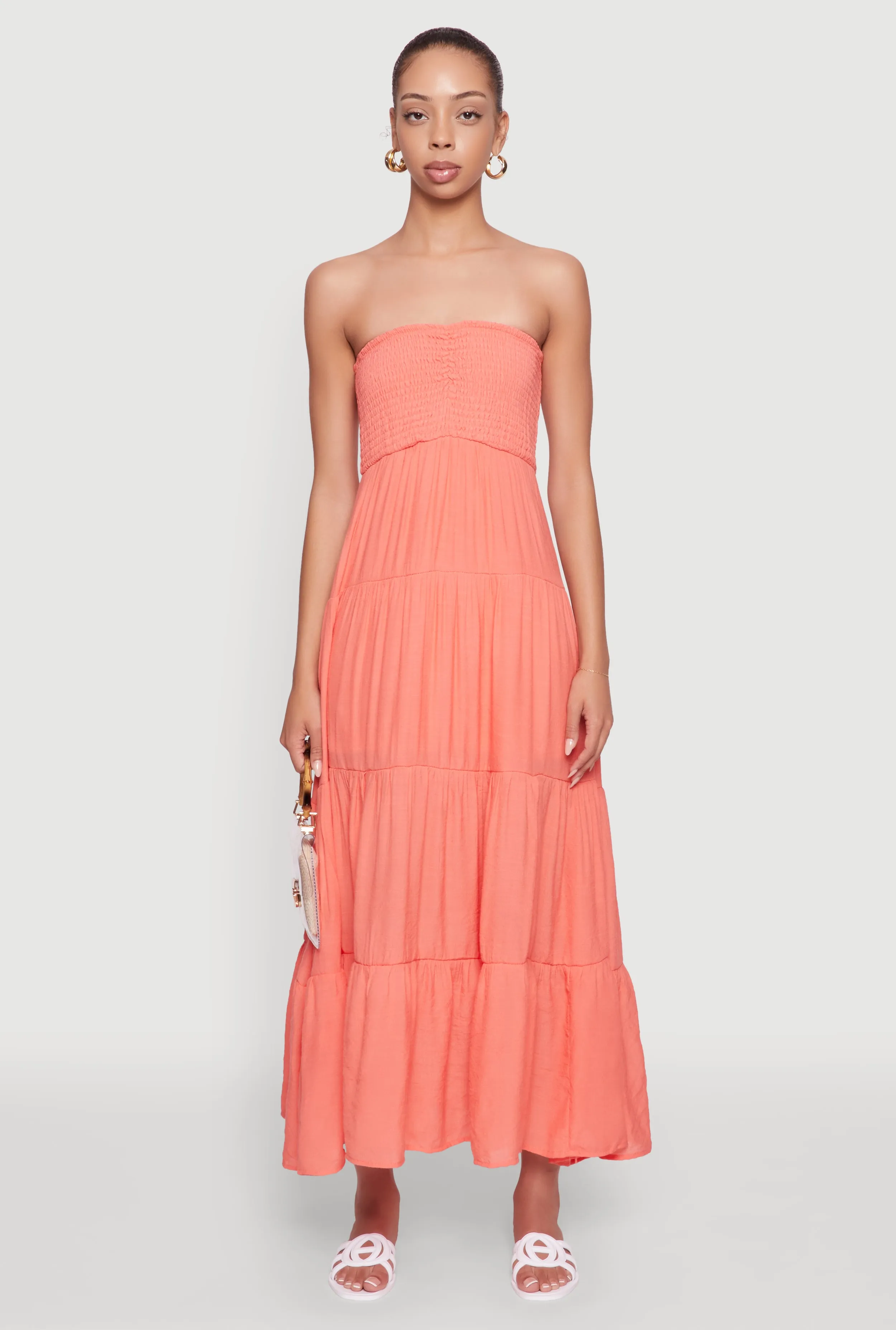 Tulip Glow Elegant Strapless Smocked Tiered Dress