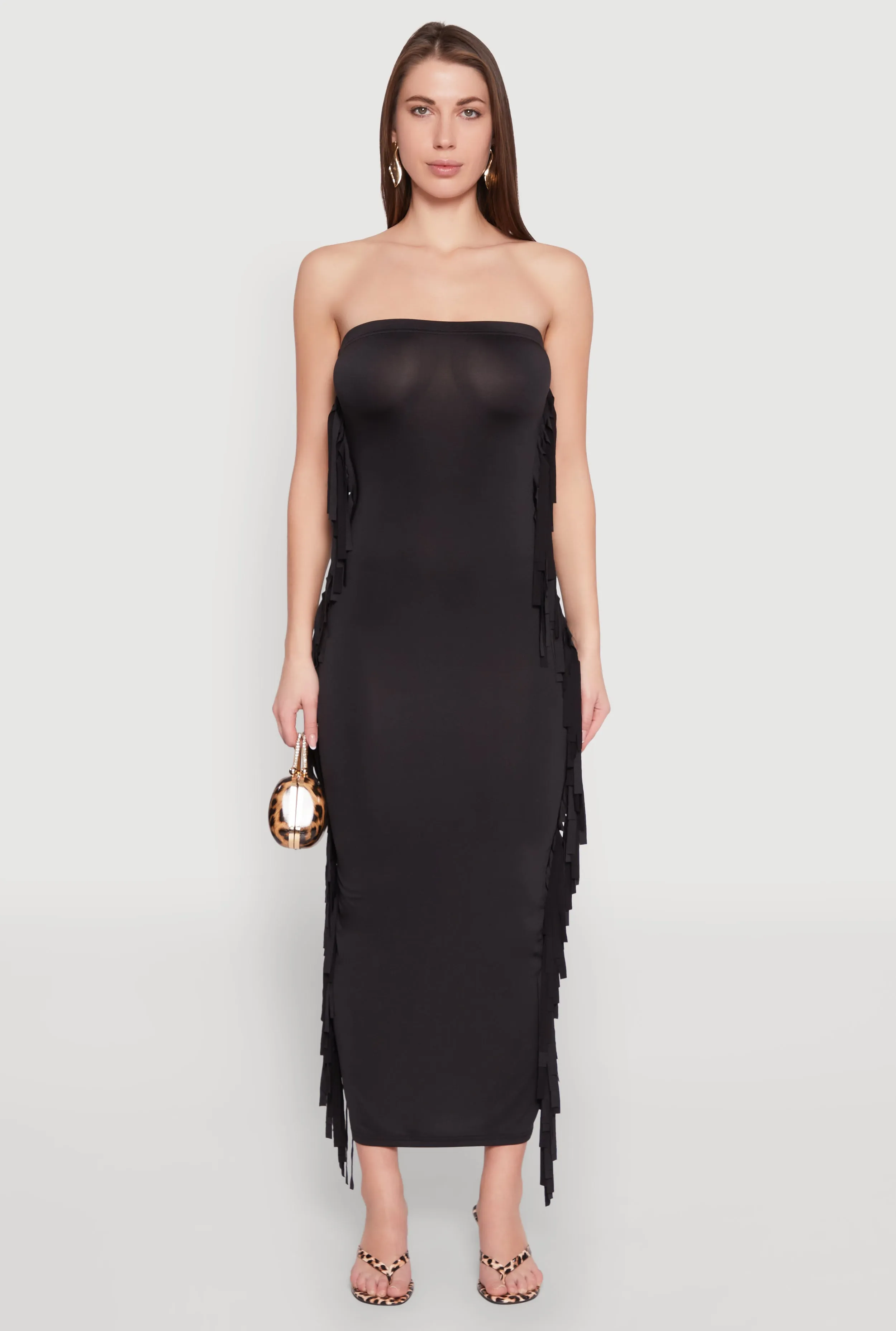 Deep V Side Fringe Maxi Tube Dress