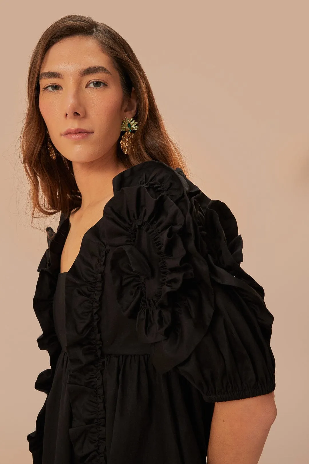 UV Protection Black Ruffle Short Sleeve Mini Dress