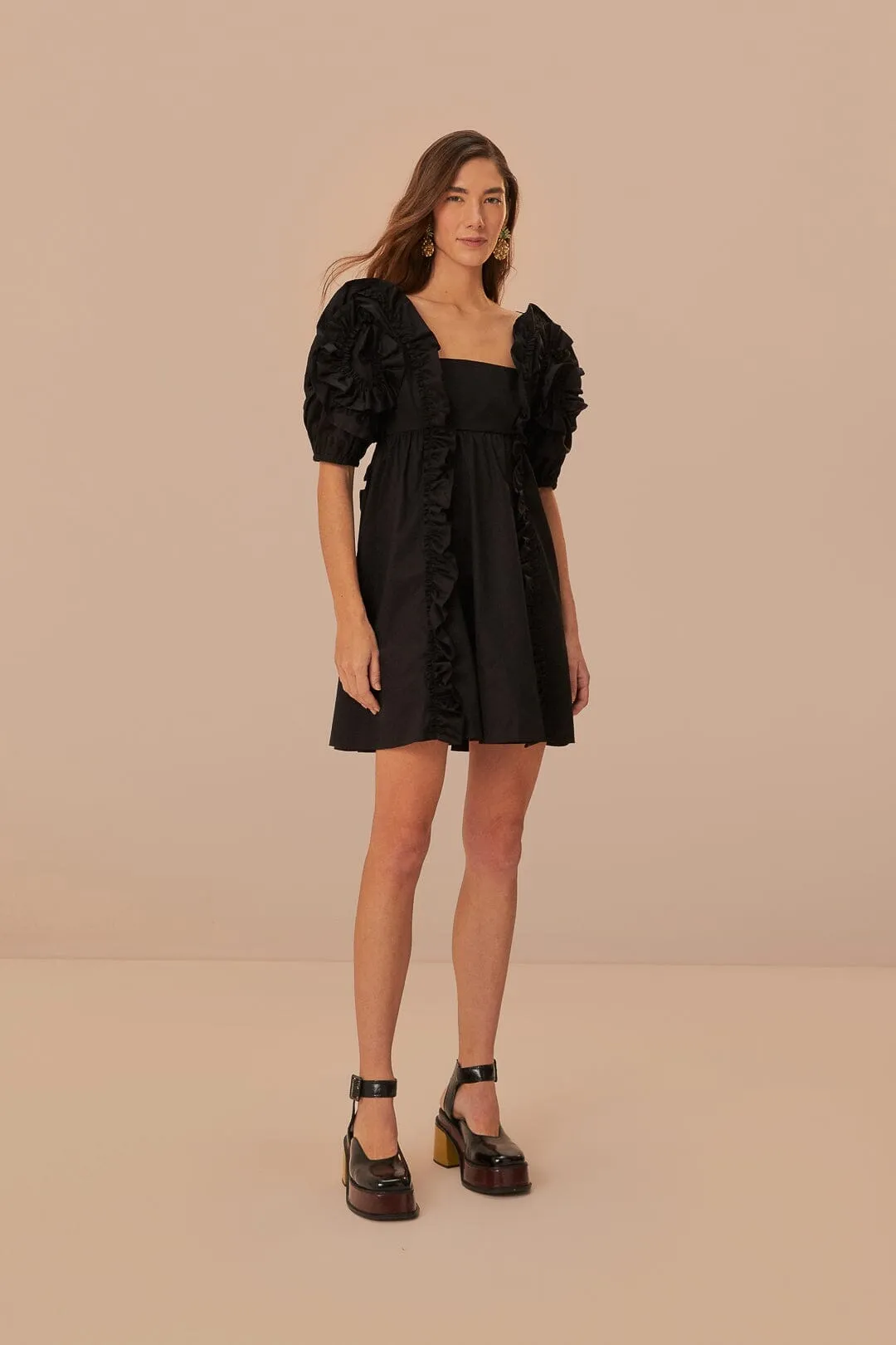 Edge Soft City Edge Black Ruffle Short Sleeve Mini Dress
