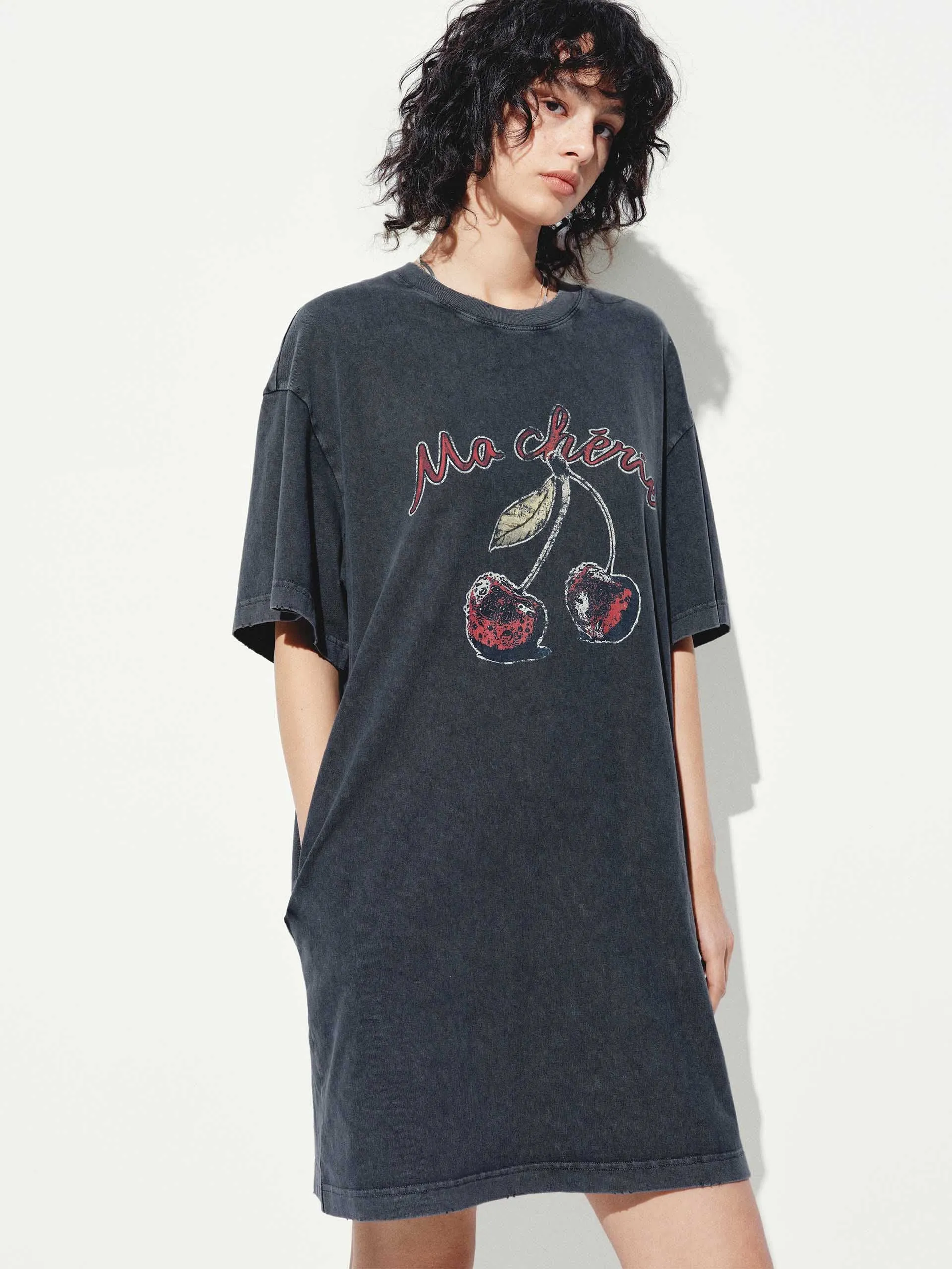 Comfortable work-to-play dress Hot Warm Cherry Cotton Loose Dress