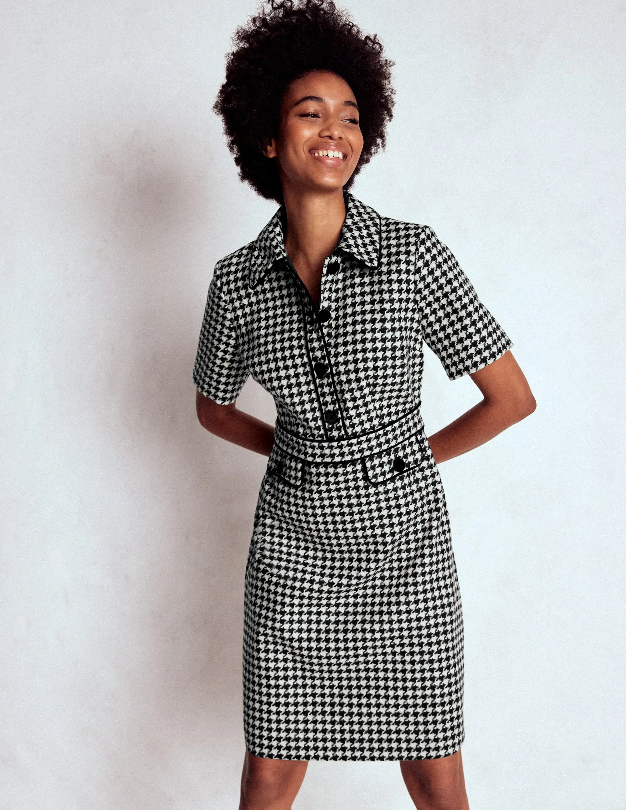 Floral design Flash Edge Eda Wool Shift Dress-Black Dogstooth