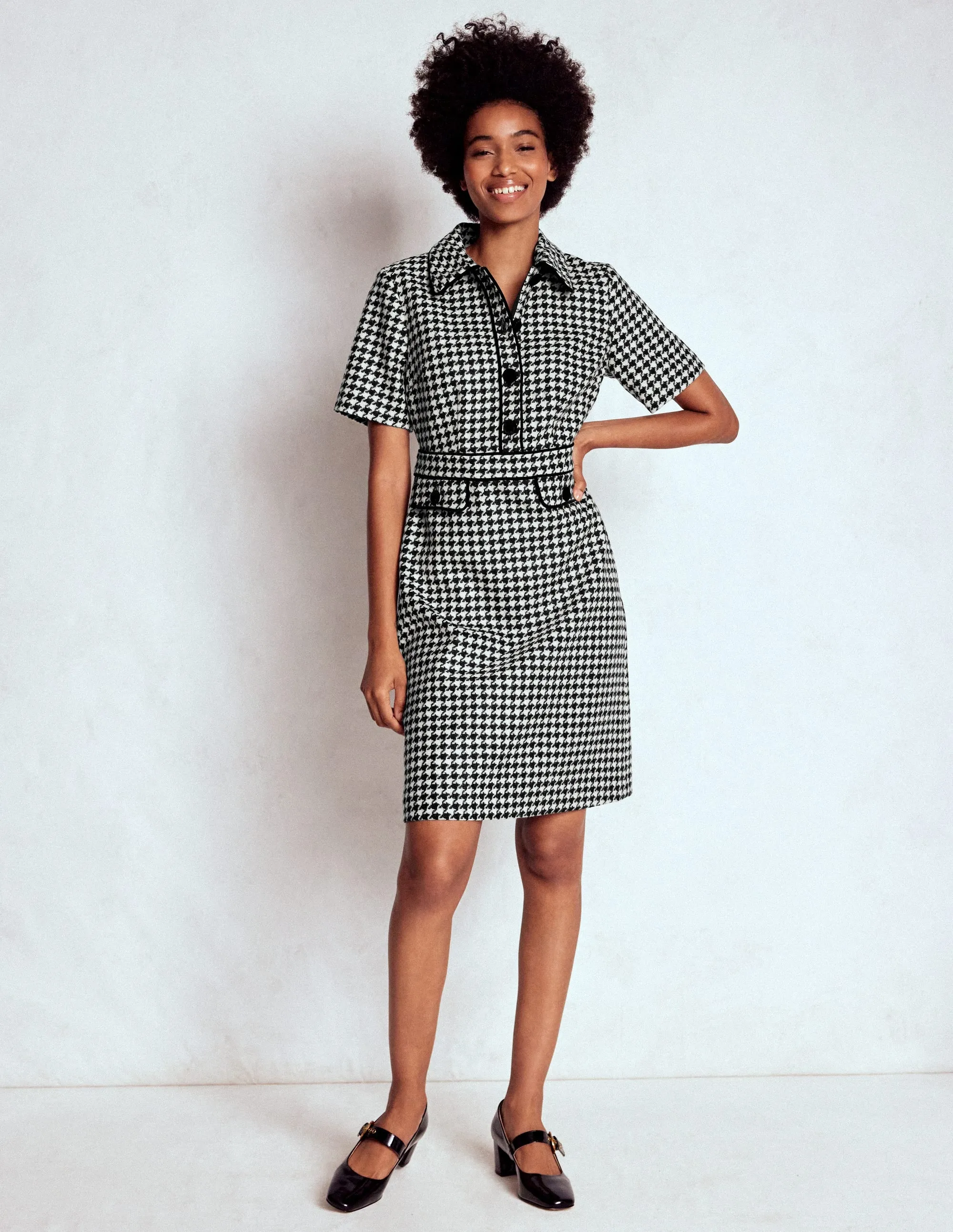 Eda Wool Shift Dress-Black Dogstooth Effortless Wear