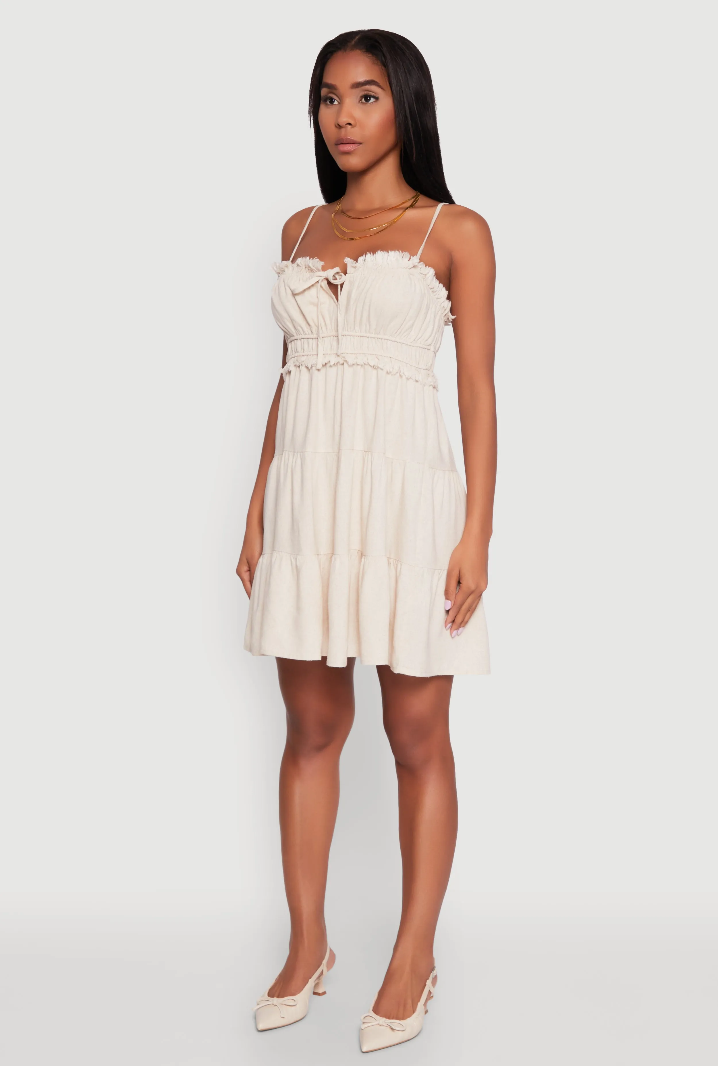 Haute Monde Linen Sleeveless Tiered Dress with Frayed Detail Lightweight party mini