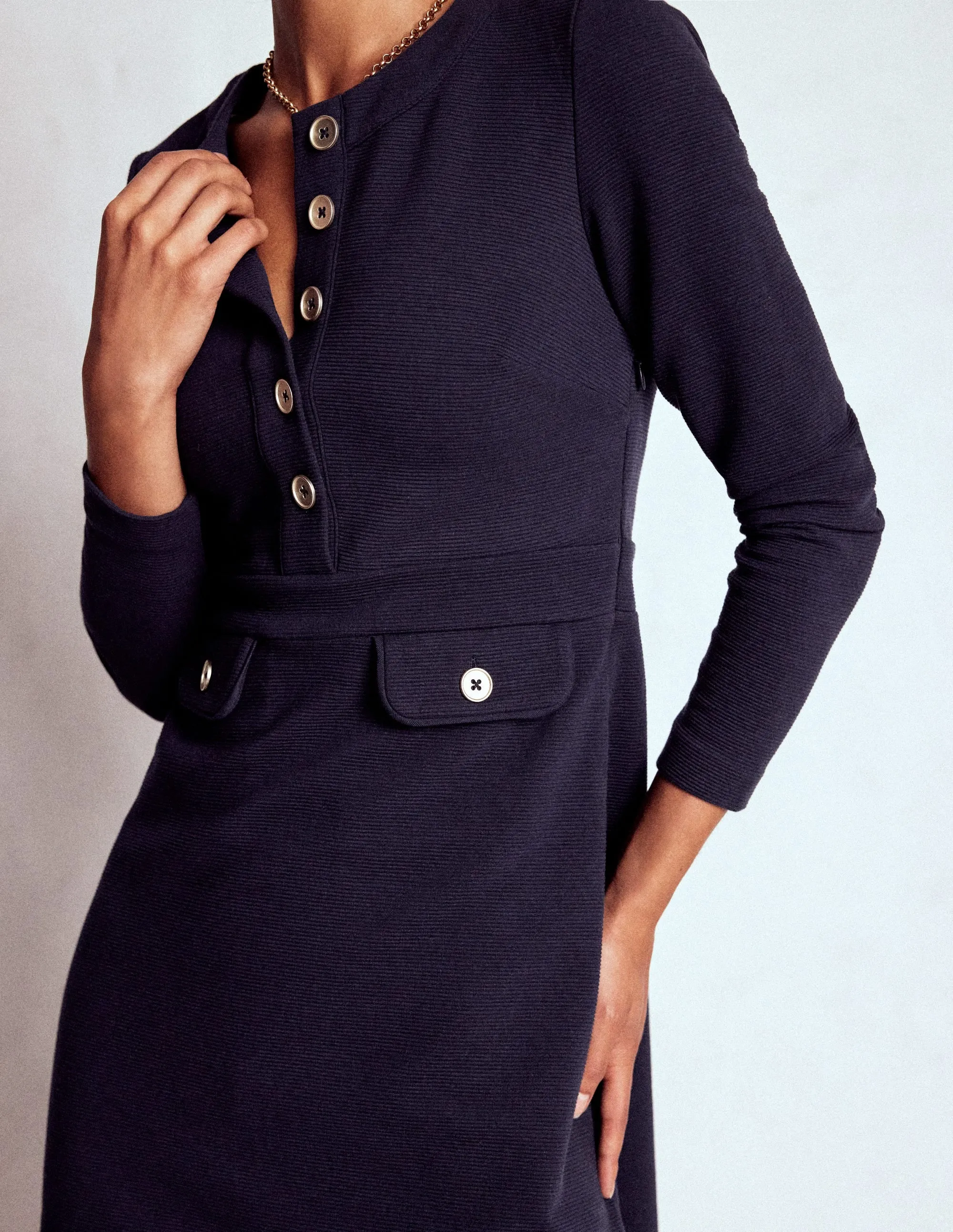 Low Bulk Twist Front Draping Lavinia Button Shift Dress-Navy