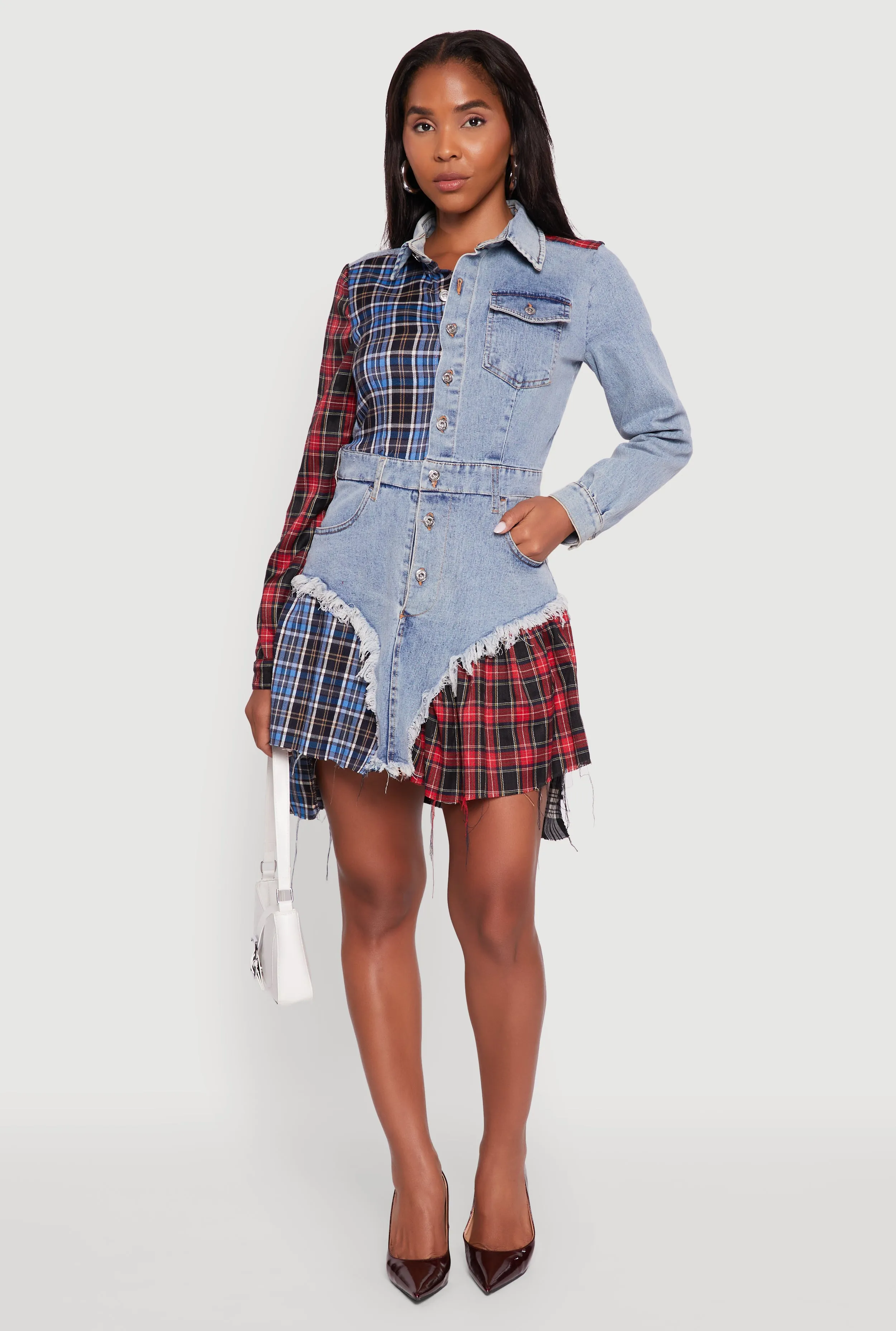 Flattering Silhouette Plaid Patchwork Denim Shirt Dress
