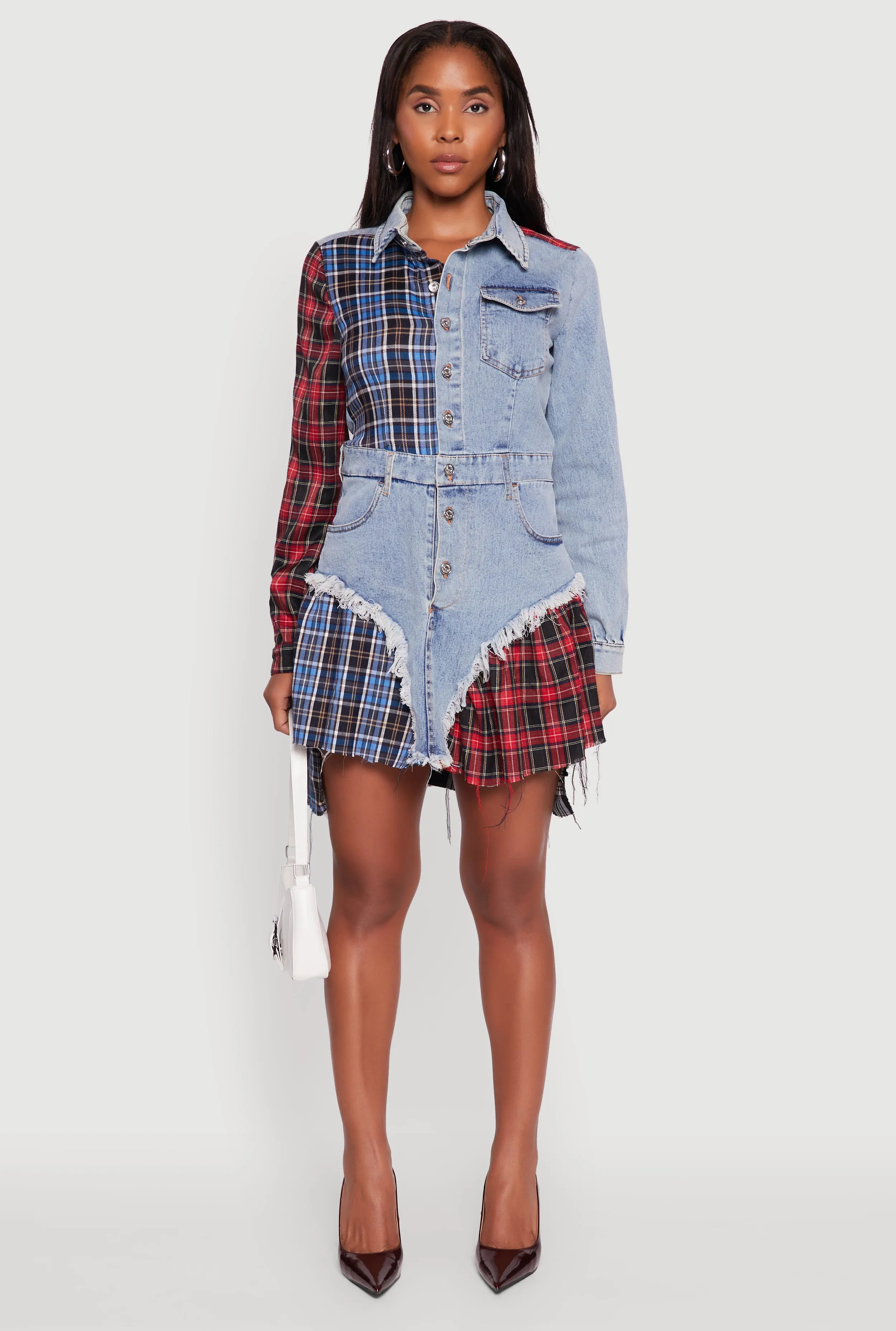 Plaid Patchwork Denim Shirt Dress Smart Casual Style