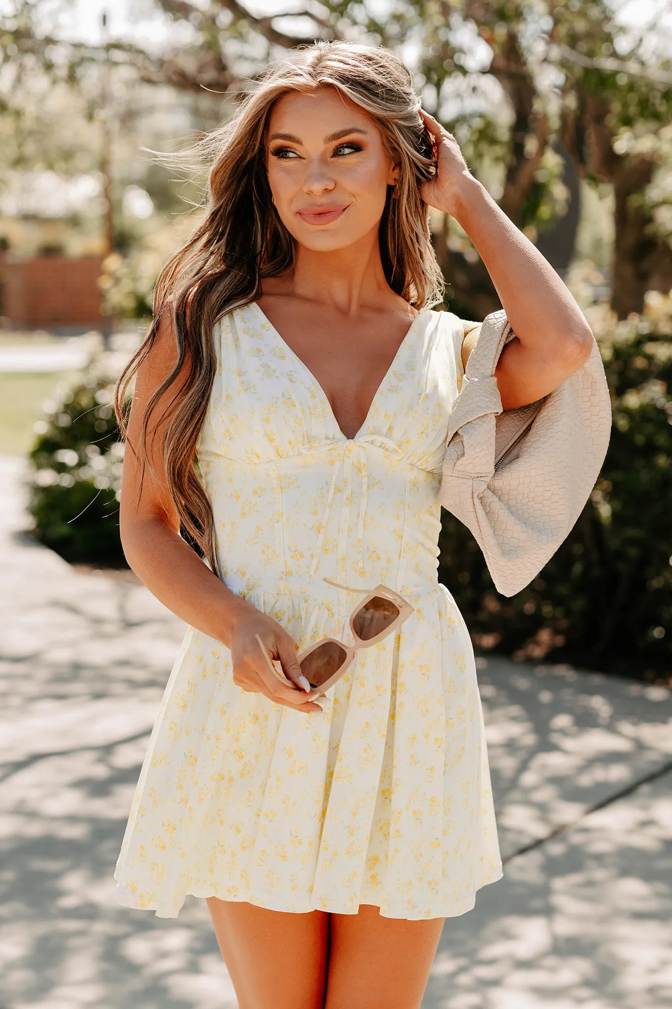 Stop & Bloom Sleeveless Floral Mini Dress (Yellow) Glow Heat Vibrant