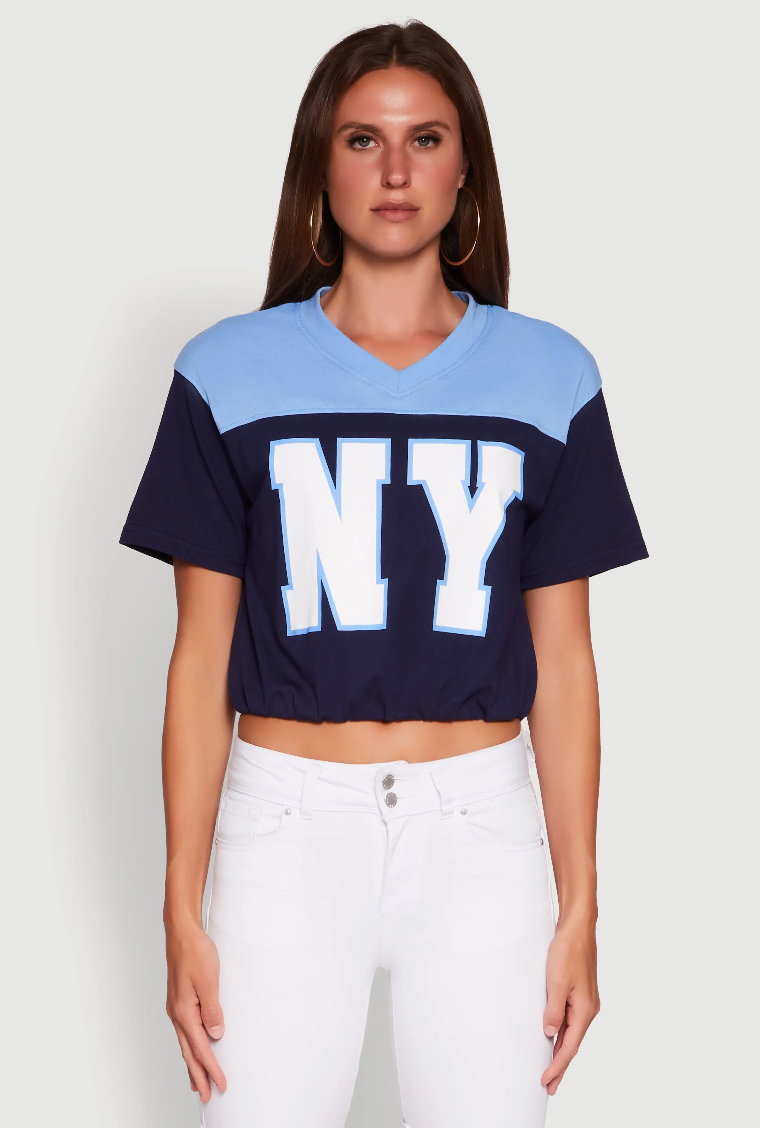 Breathable Material Abrasion resistant Madden Girl Color Block Cropped V-Neck Graphic Tee