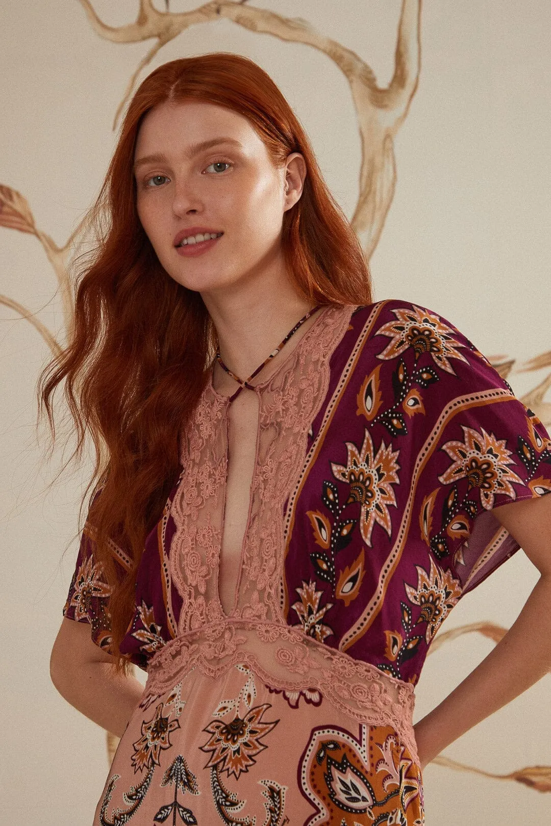 Glam Tapestry Burgundy Laces Short Sleeve Maxi Dress Spring Bloom Topaz Shine