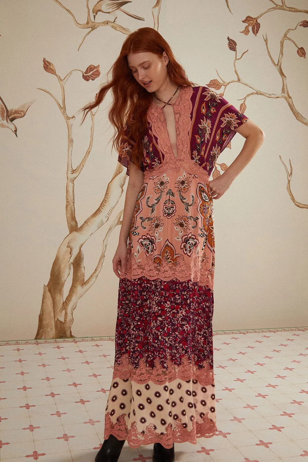 Glam Tapestry Burgundy Laces Short Sleeve Maxi Dress Soft draping maxi