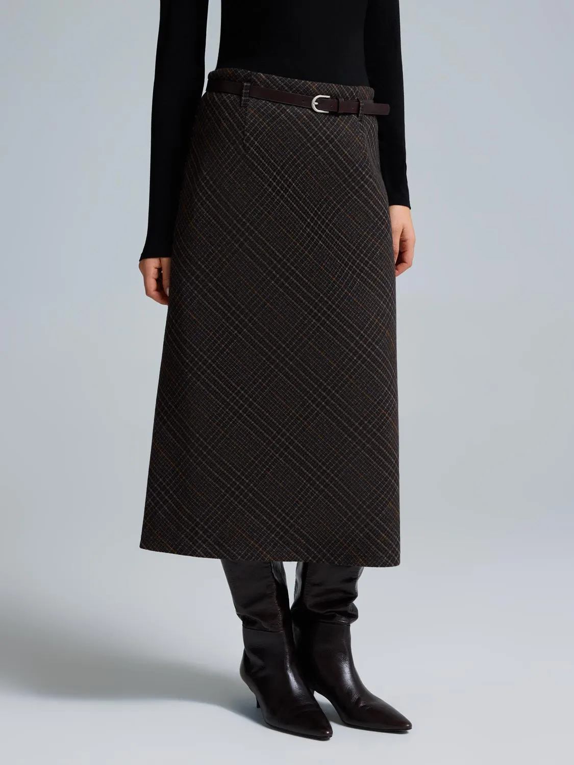 Slim Fit Band Luxury Trim Belted Plaid Skirt