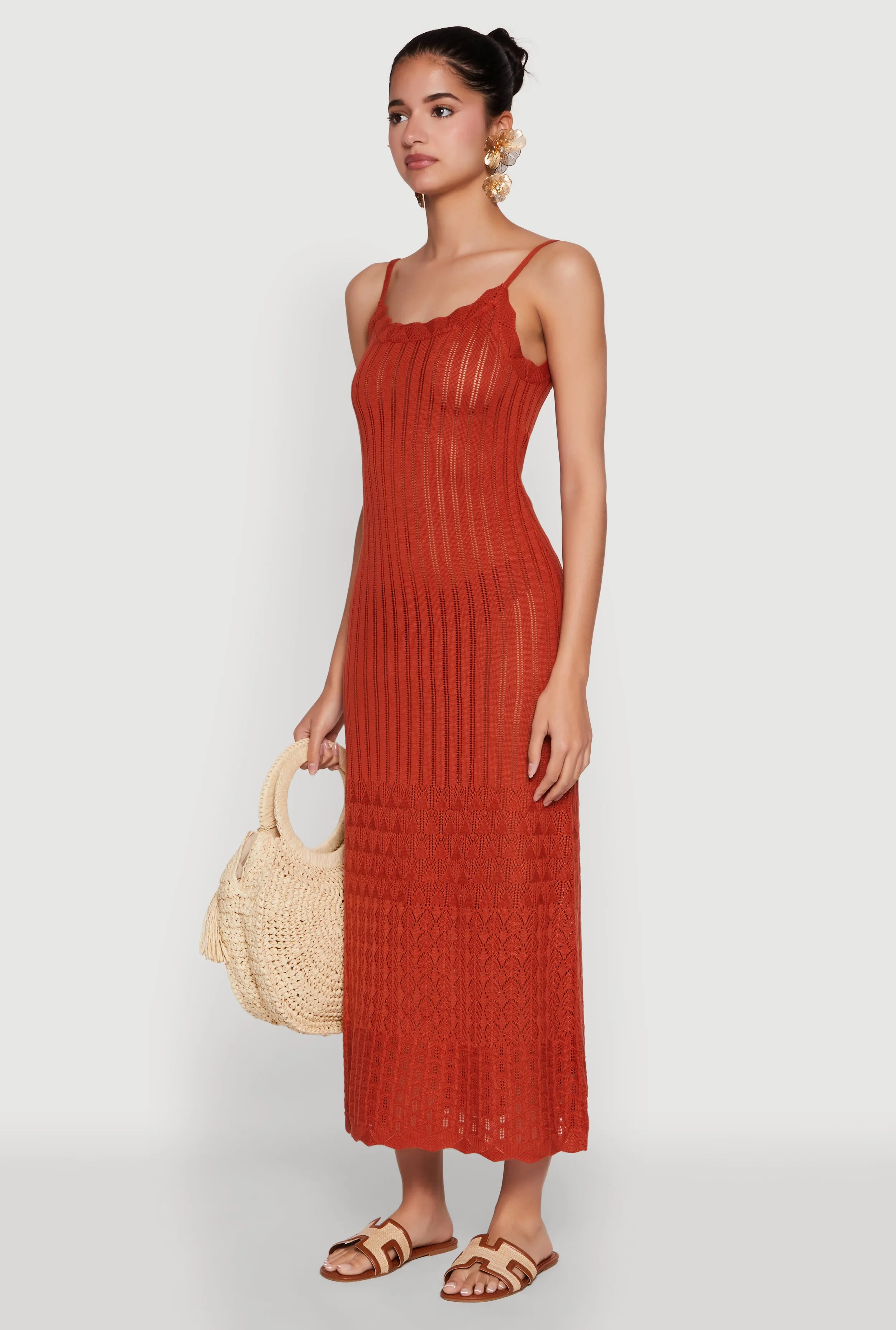 Madden Girl Pointelle Knit Cami Maxi Dress Desert Glow Orange Heat