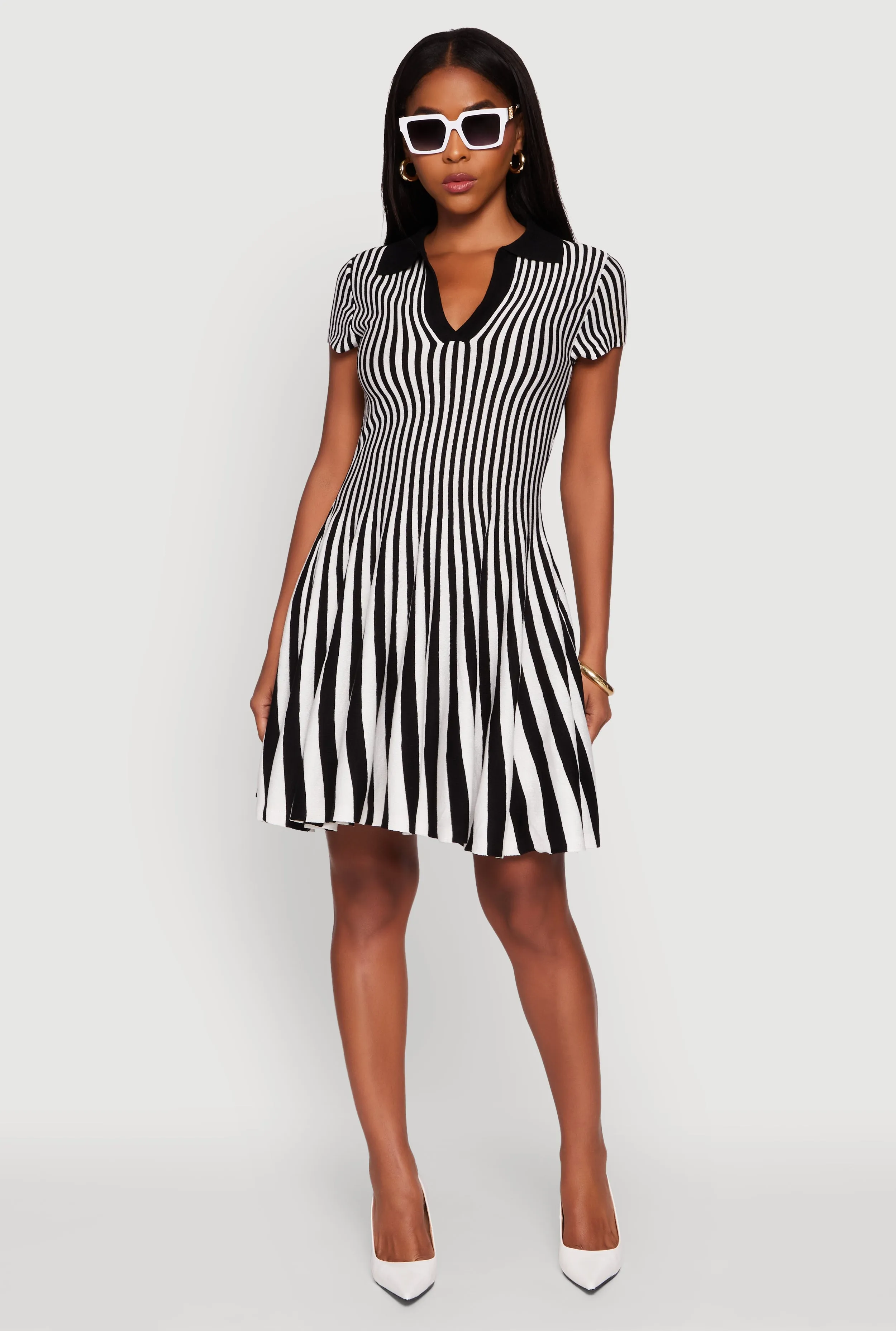 Shift Style Trendy Striped Short Sleeve Polo Skater Dress