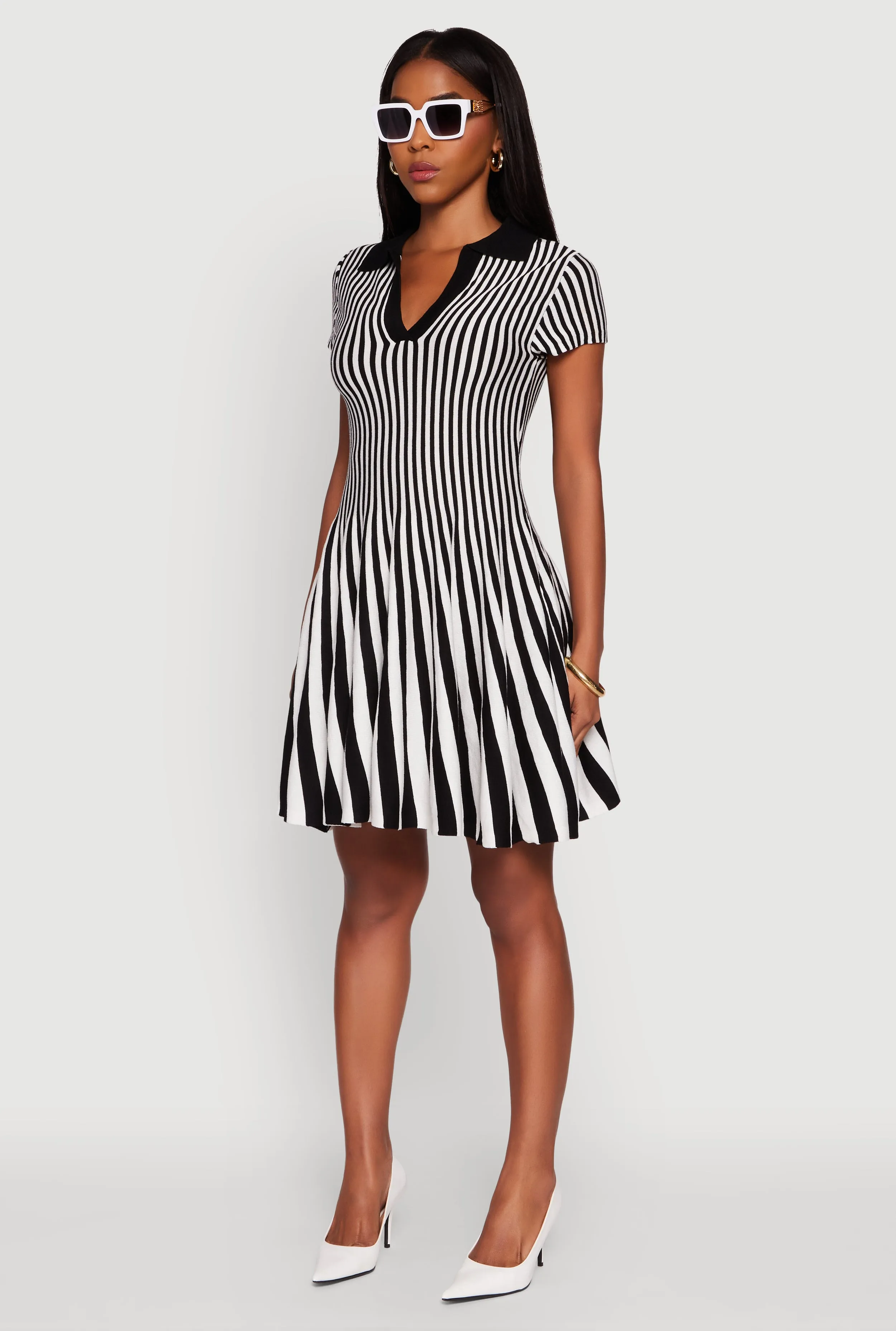 Layered Ruffle Accent Trendy Striped Short Sleeve Polo Skater Dress