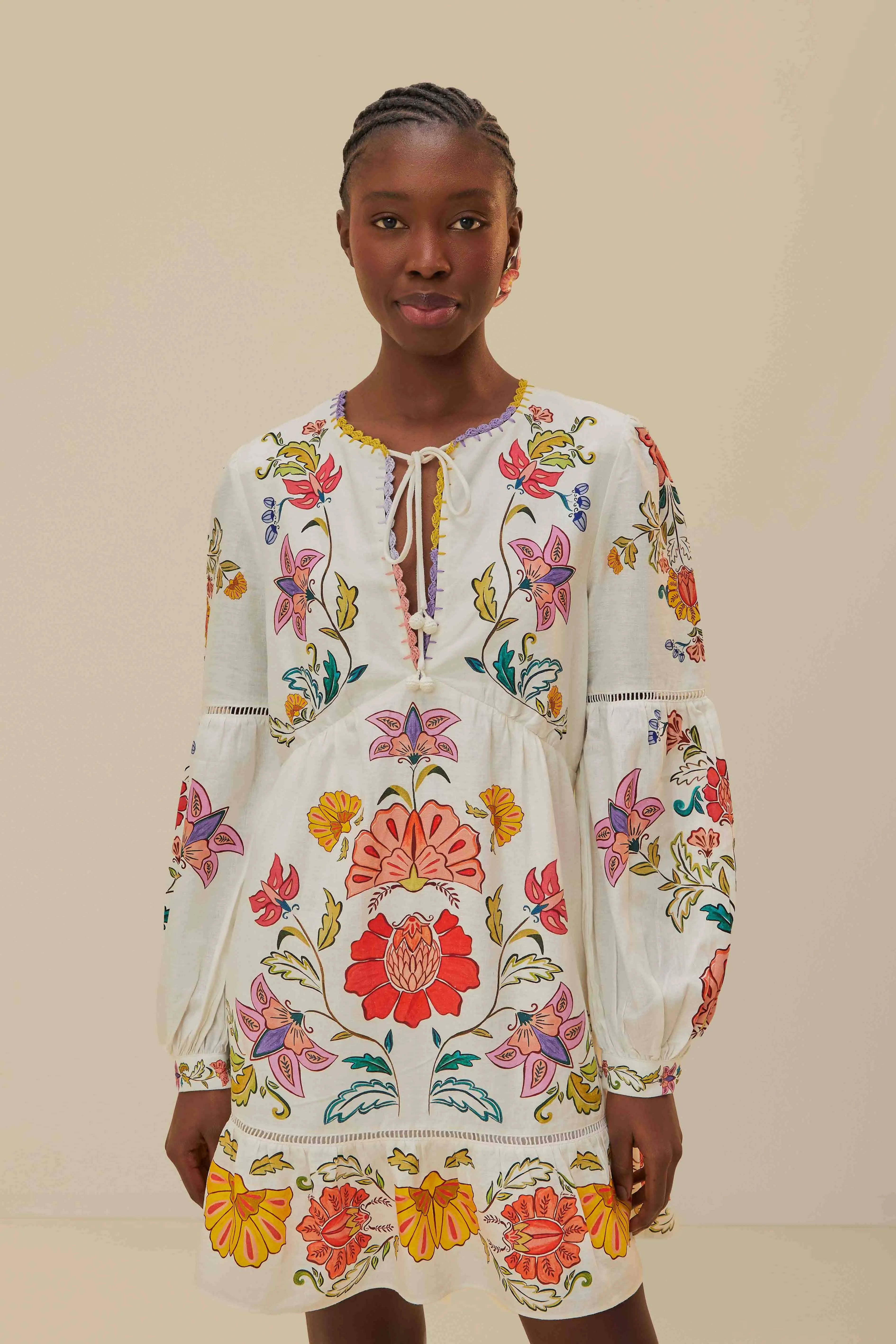 Shine Rush Off-White Floral Insects Mini Dress