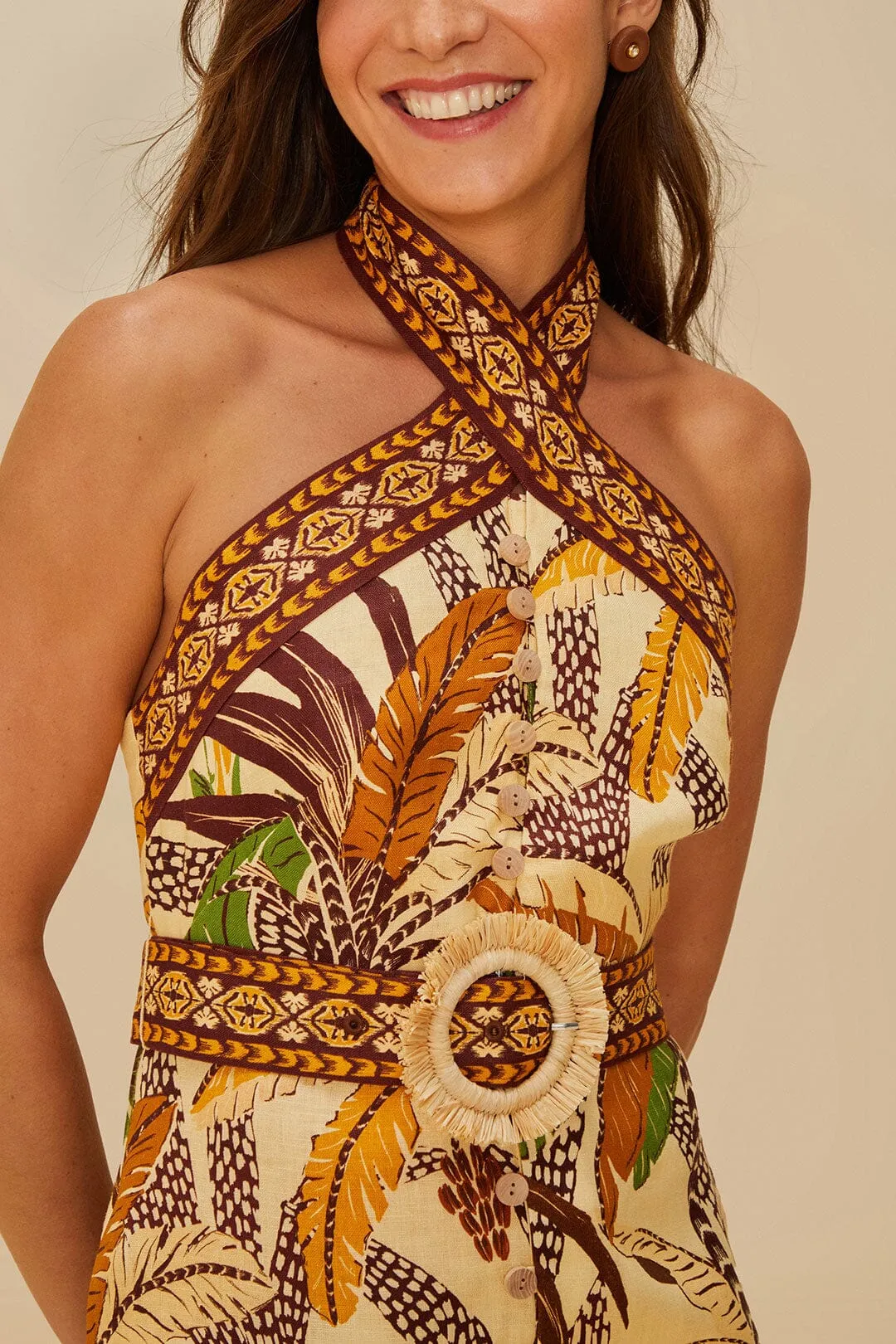Sand Foliage Sketch Euroflax? Premium Linen Mini Dress Easy Fit