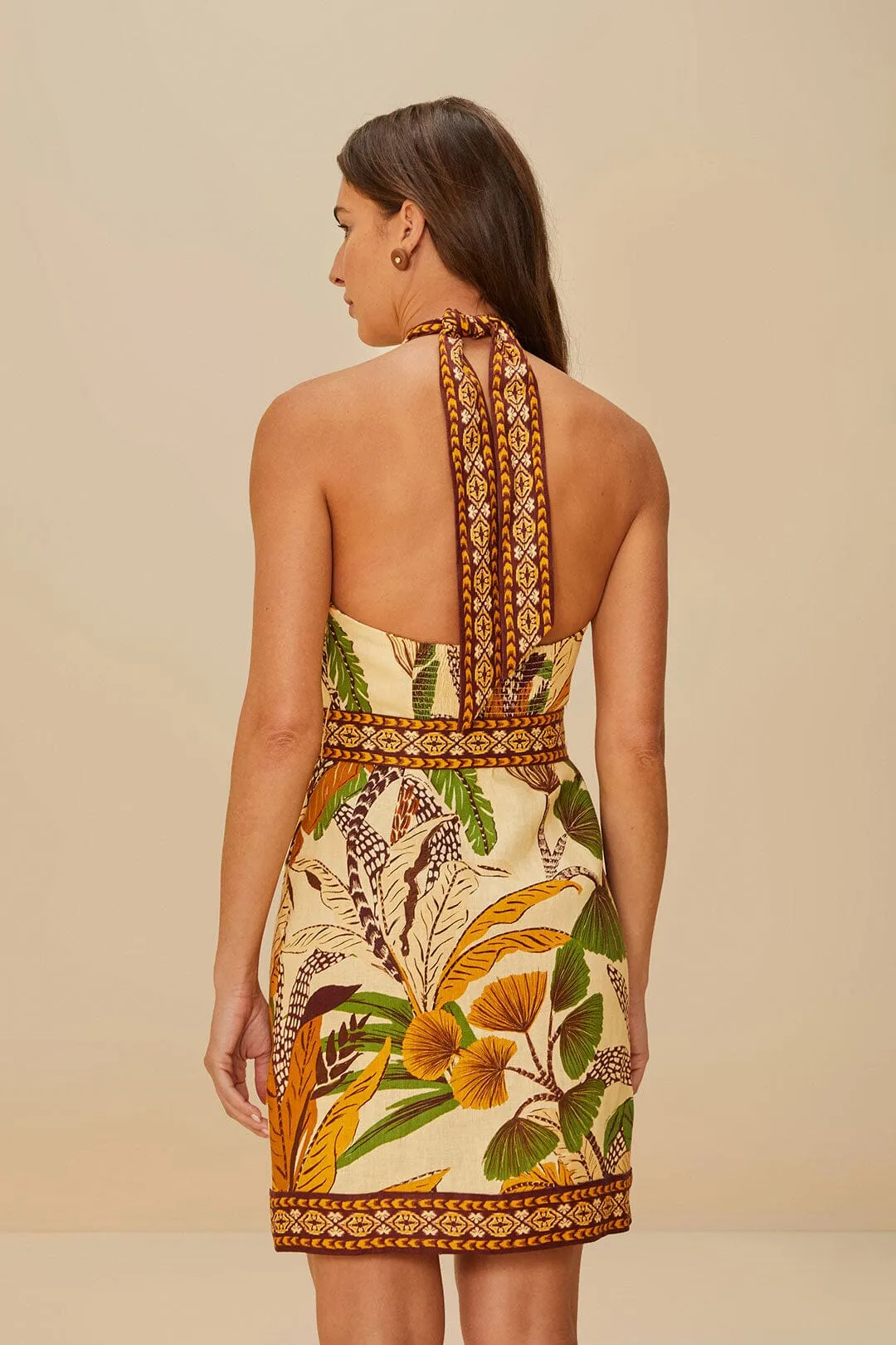 Sand Foliage Sketch Euroflax? Premium Linen Mini Dress Weekend Ready Trendy Wearable