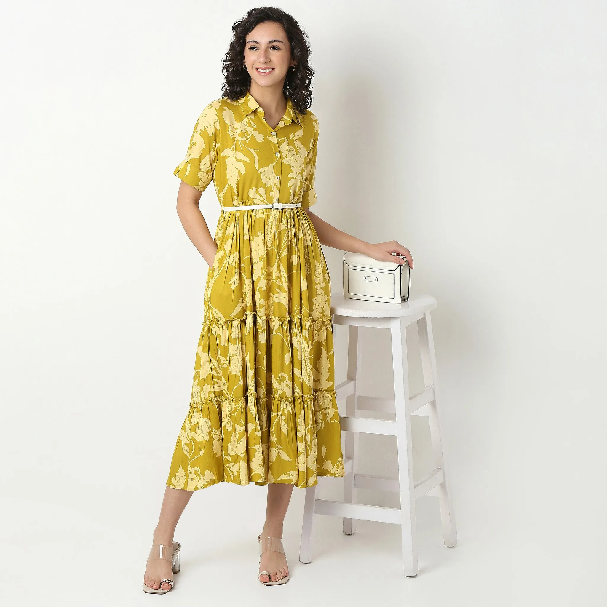 Road Soul Belted Shirt Tiered Dress