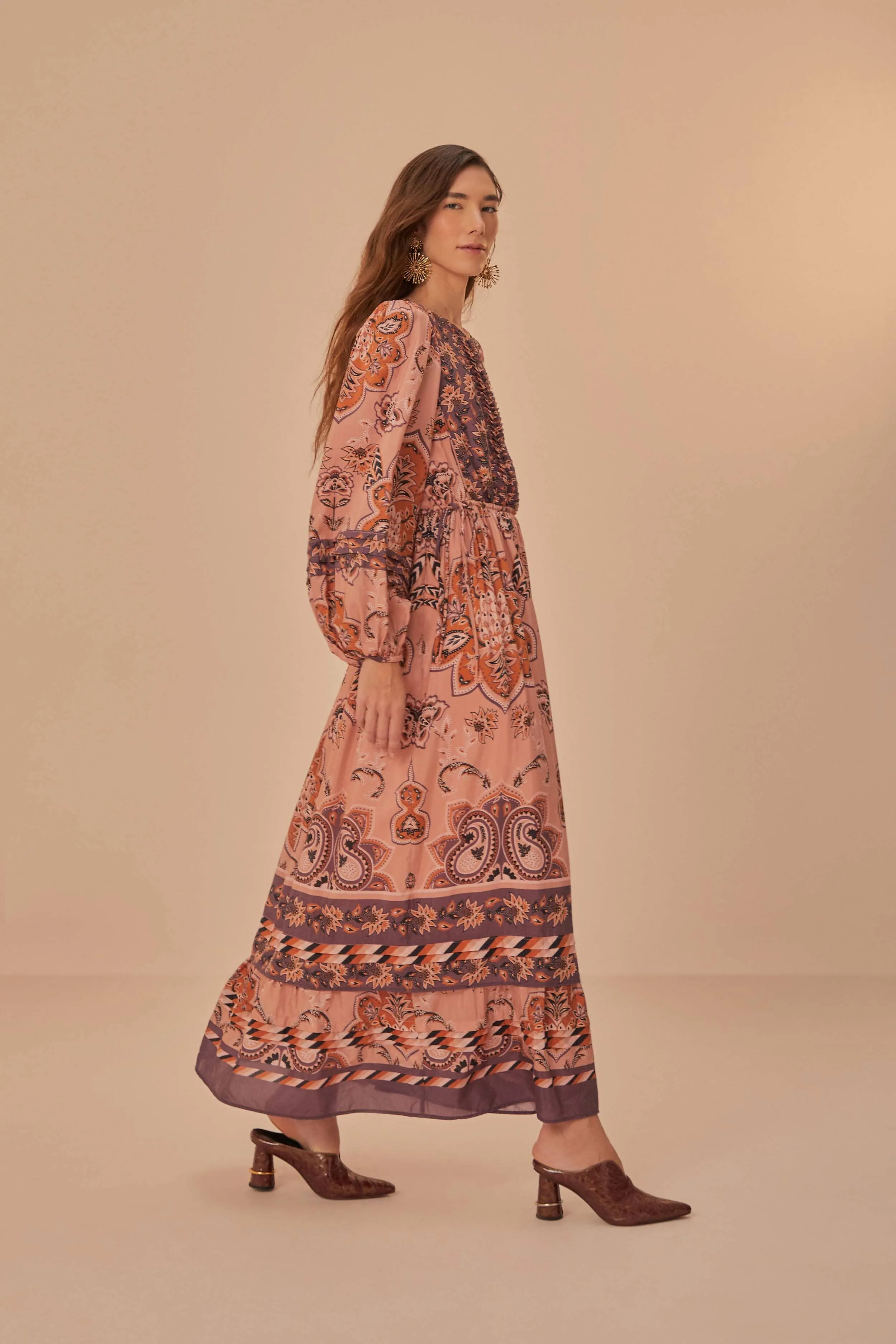 Goddess Glow Bell Sleeve Glam Tapestry Burgundy Long Sleeve Maxi Dress
