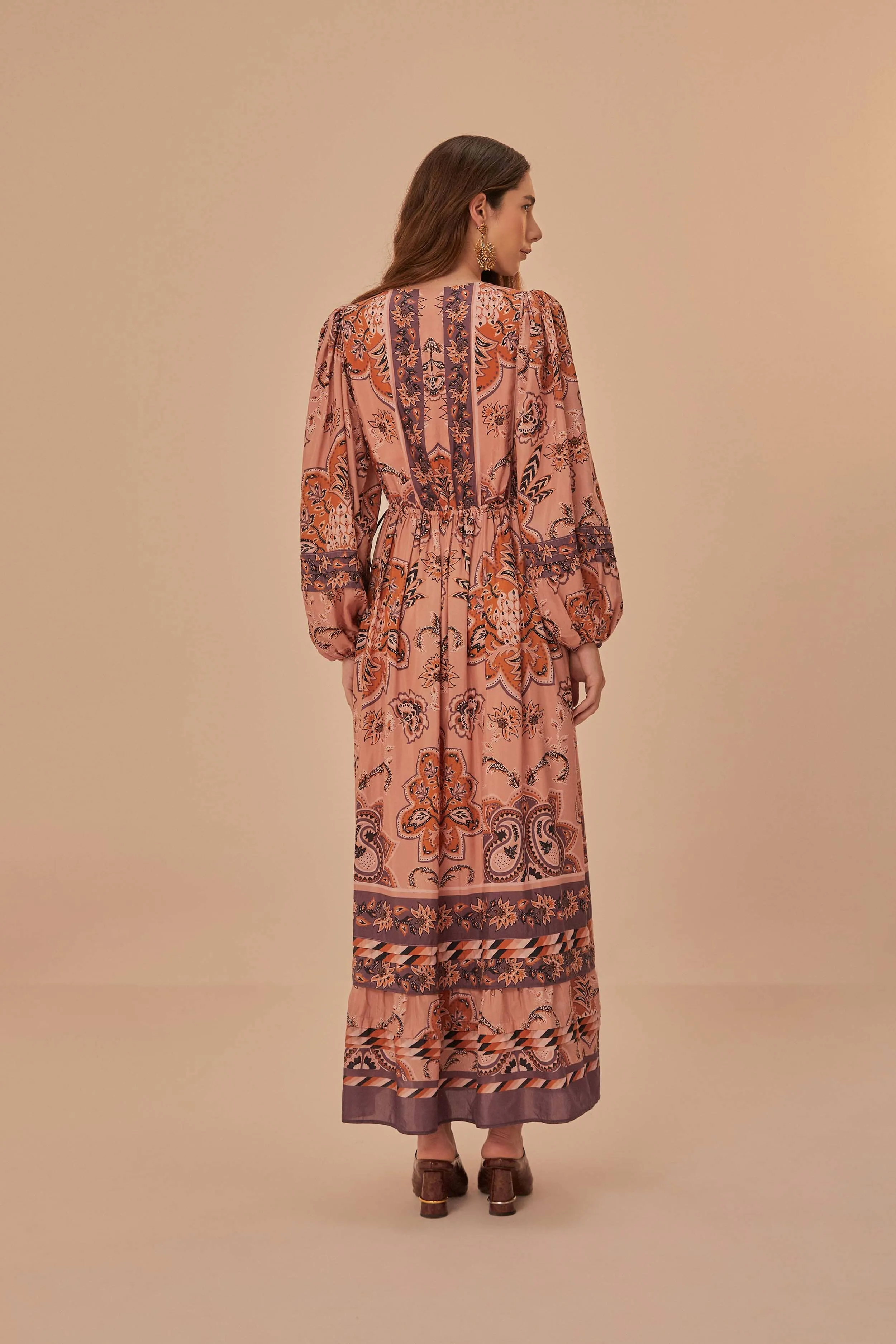 Frost Breeze Glam Tapestry Burgundy Long Sleeve Maxi Dress