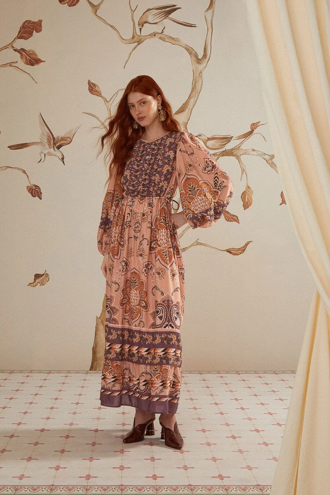 Glam Tapestry Burgundy Long Sleeve Maxi Dress Bronze Tone