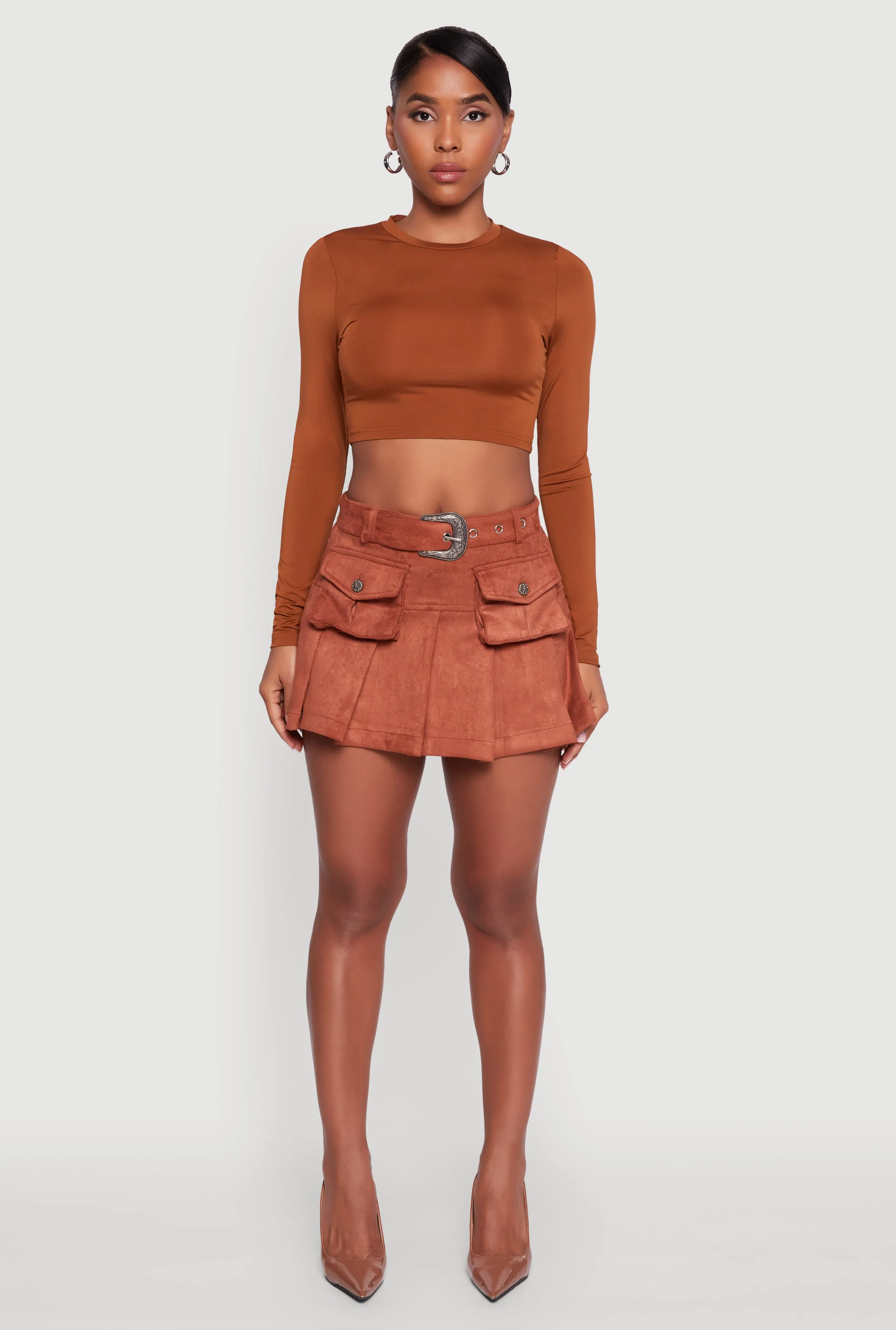 Faux Suede Pleated Cargo Skirt with Western Buckle Belt Modern Look
