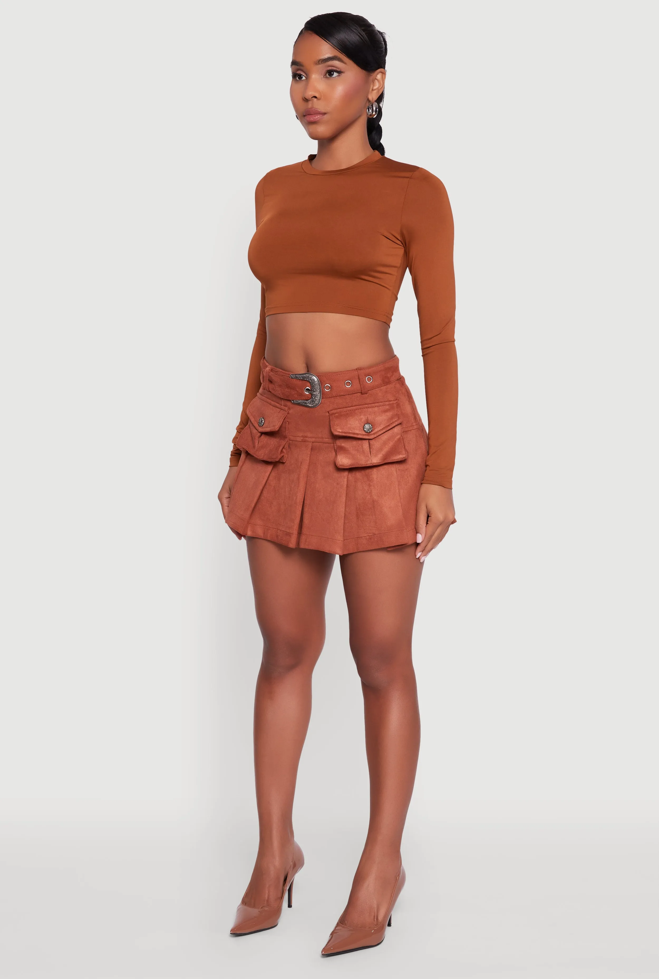 Faux Suede Pleated Cargo Skirt with Western Buckle Belt Fold Over Design