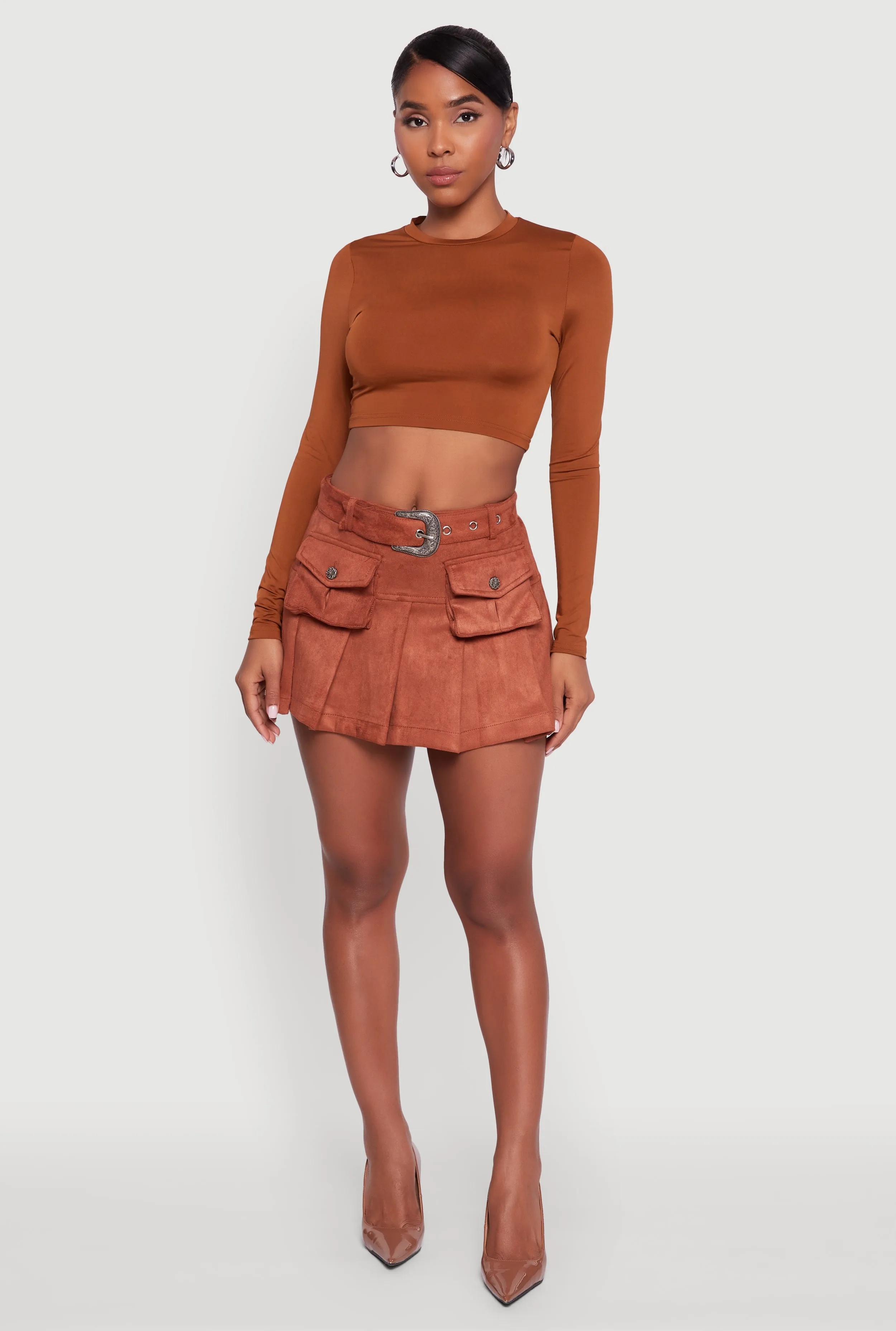 Romantic Vibe Faux Suede Pleated Cargo Skirt with Western Buckle Belt