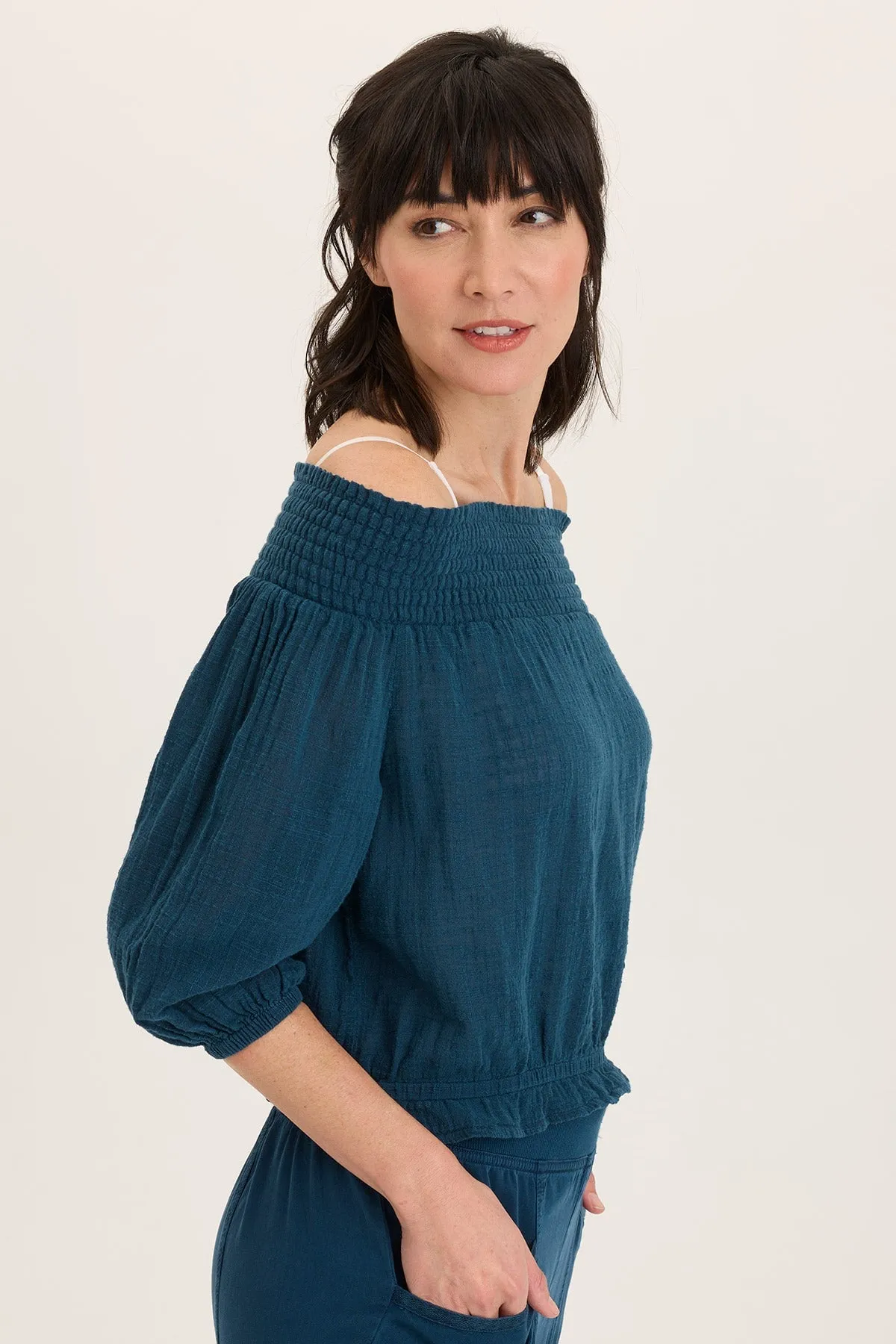 Jolia Gauze Off-Shoulder Billow Sleeve Top Clear Glow